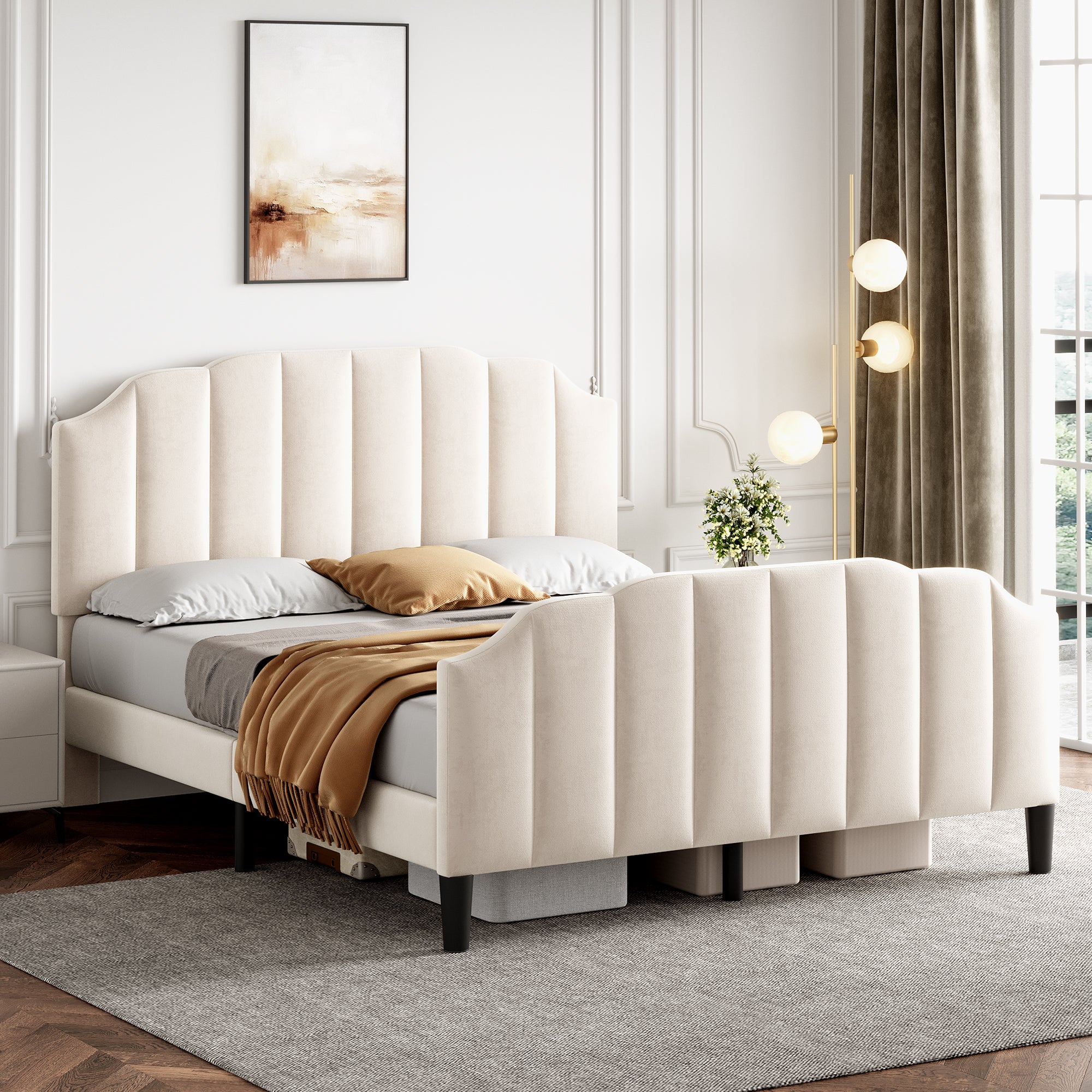 Velvet Upholstered Double Bed Frame - Beige