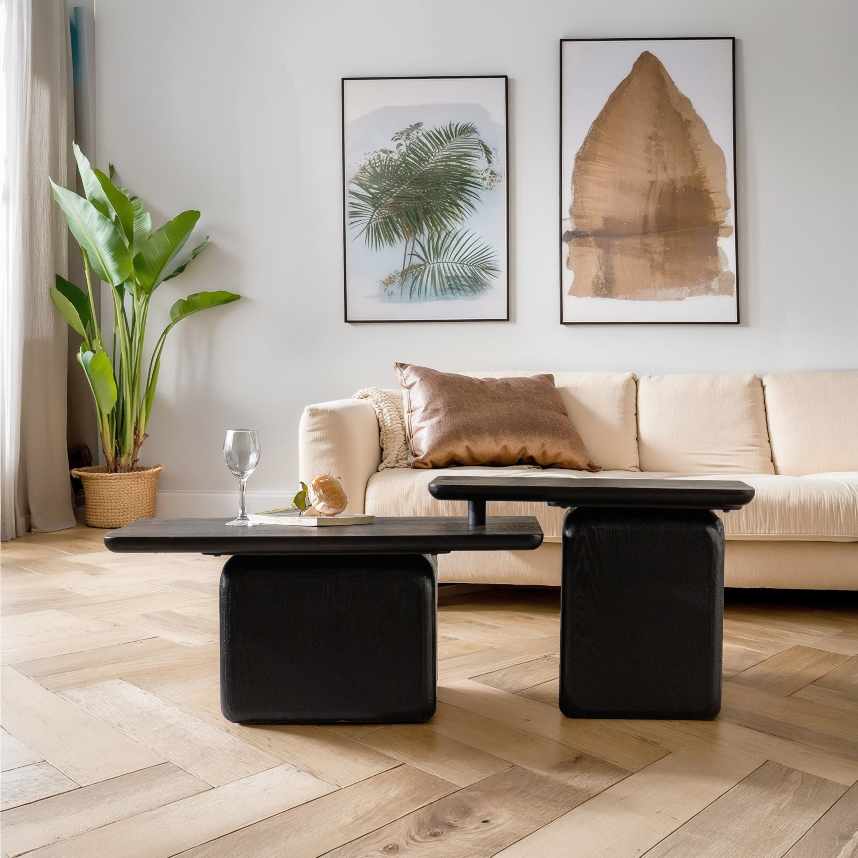 Vintage Fashion Style Square Coffee Table Set With Wood Grain Finish - Black