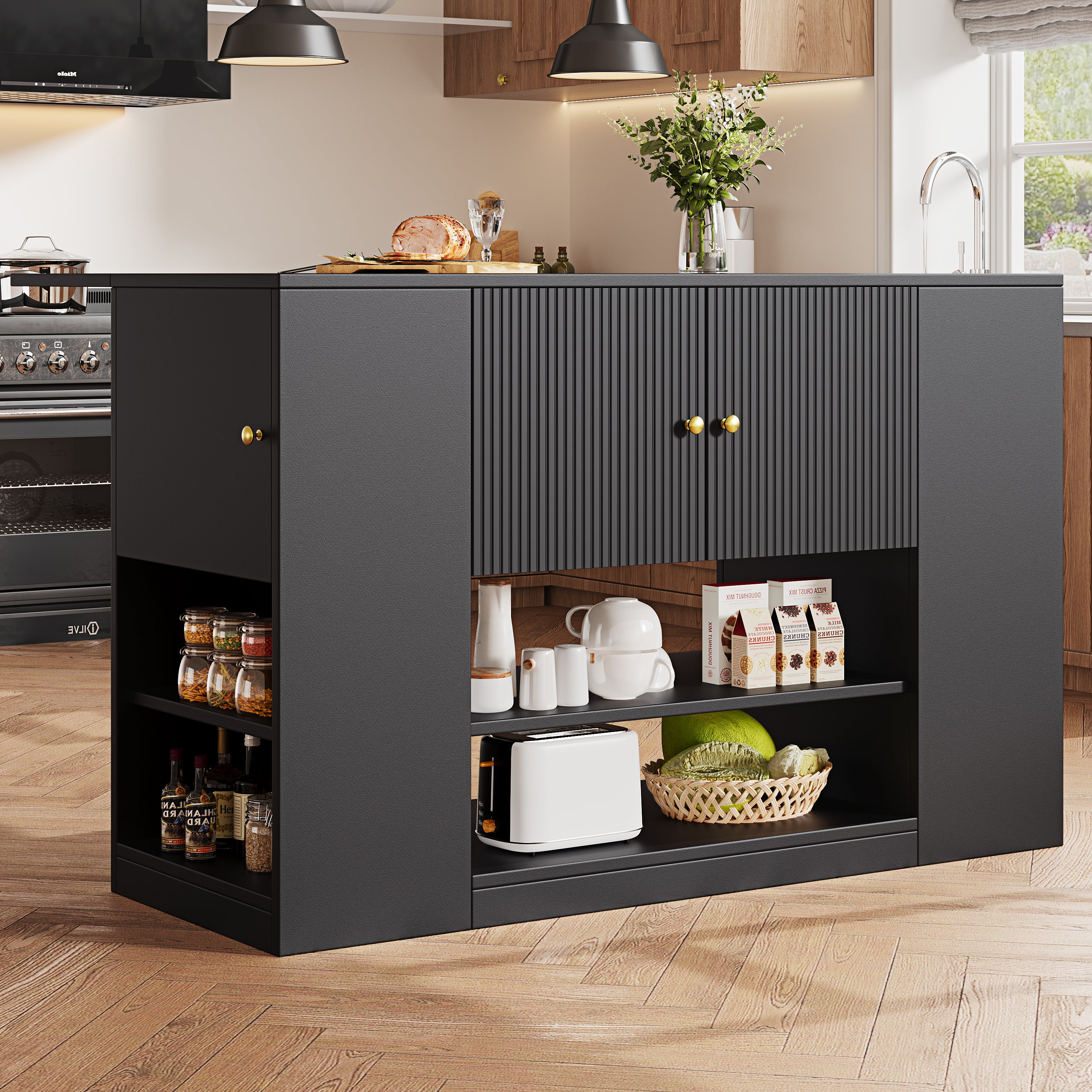Kitchen Island Cabinet With Drawers And Shelves - Black