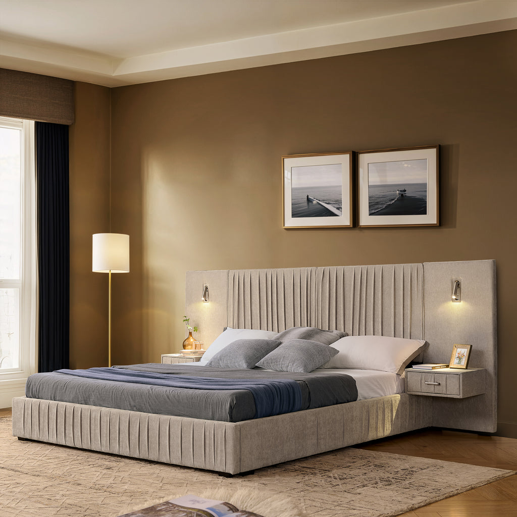 Queen Size Upholstered Bed Frame With Chenille Fabric and Pleated Design - Beige