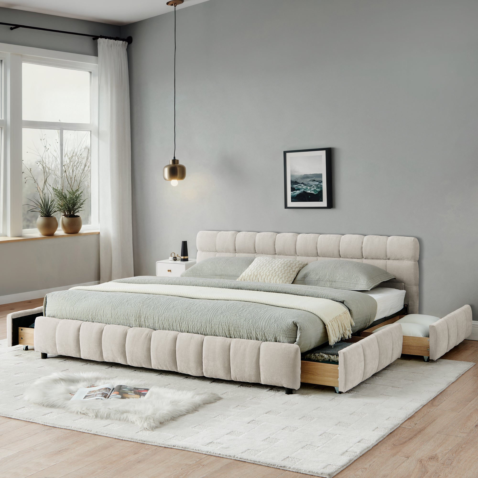 California King Size Upholstered Bed With Headboard And Drawer For Storage - Beige