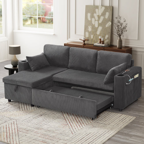3 In 1 Convertible Corduroy Sofa Bed With Storage And Charging Station