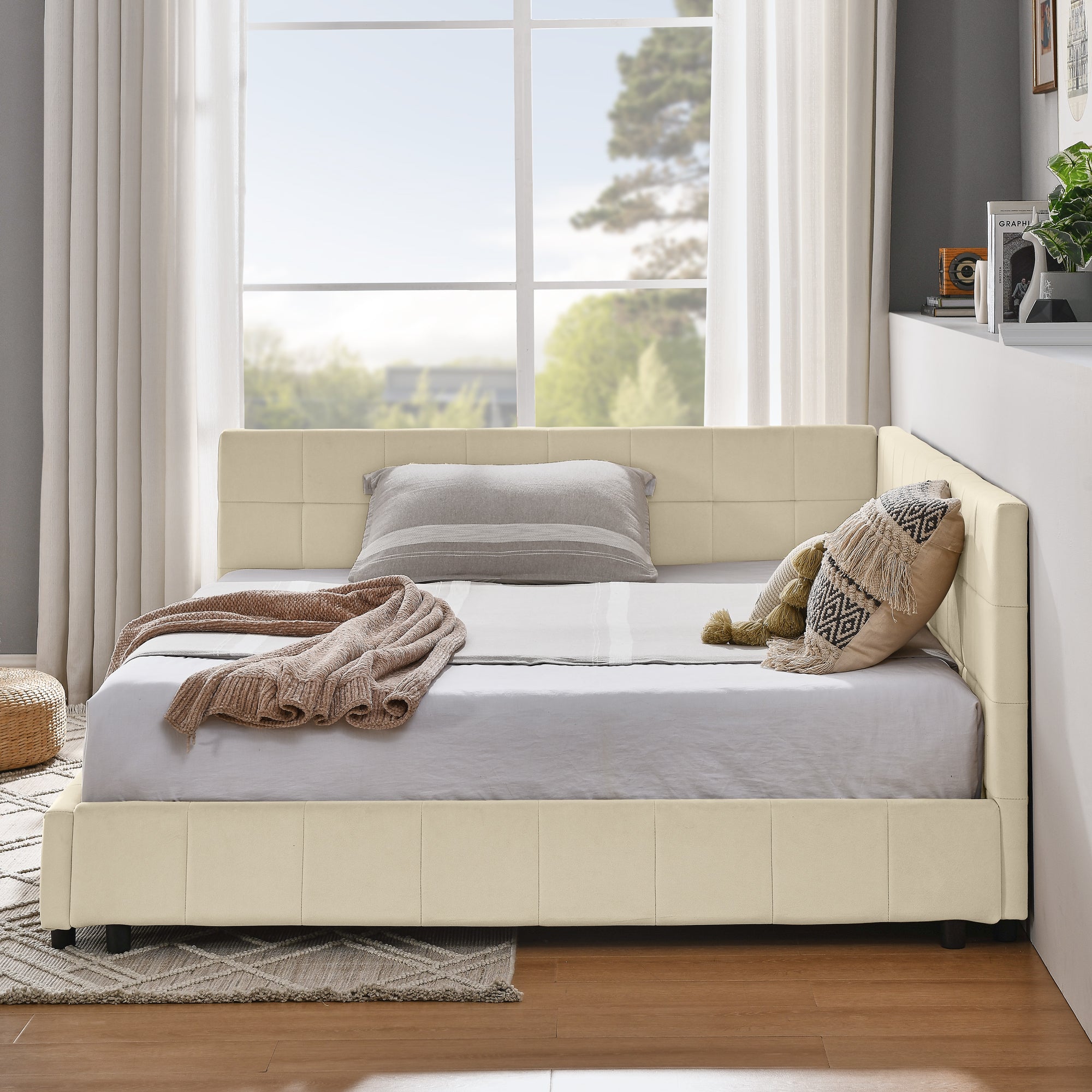 Queen Size Upholstered Tufted Bed Frame With Comfortable Backrest And Armrests - Velvet Beige