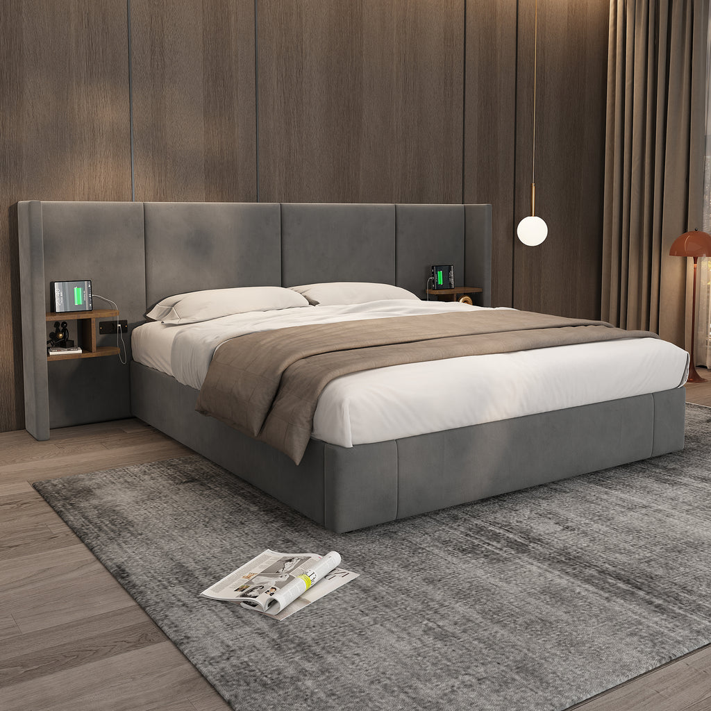 Upholstered Queen Size Bed With Two Bedside Tables - Grey