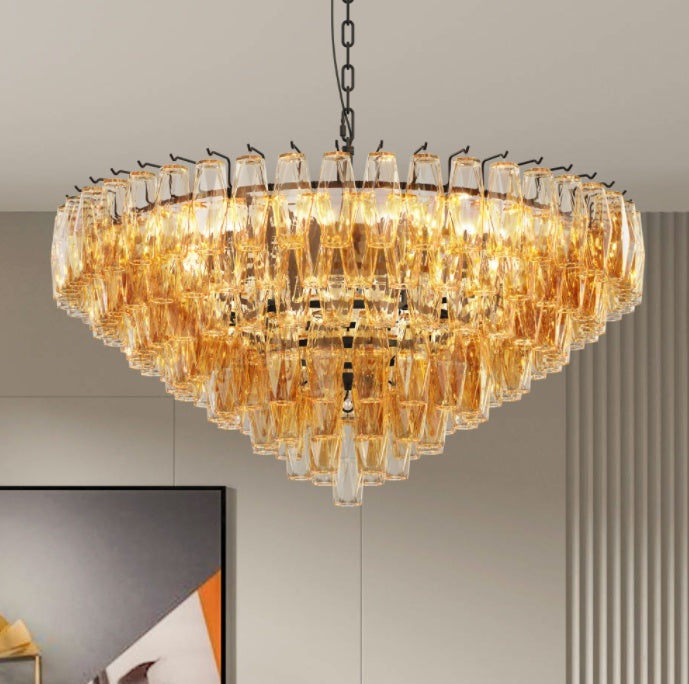 Modern Round Chandelier, 37 Extra Large Black Chandeliers, 14-Light With Tiered Smoke Glass Tubes Ceiling Light, Pendant Lighting