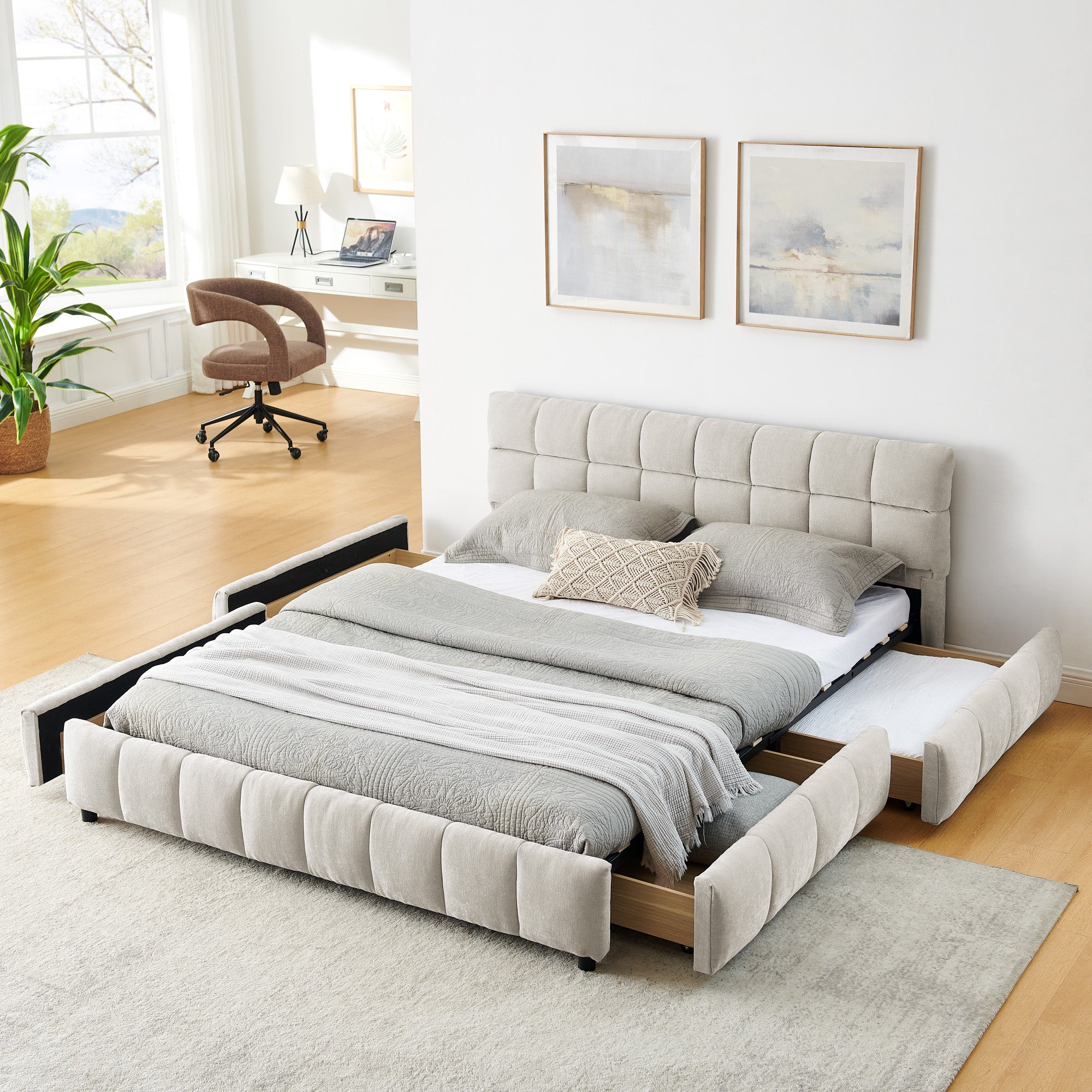 Queen Size Upholstered Bed With Headboard And Drawer For Storage - Beige