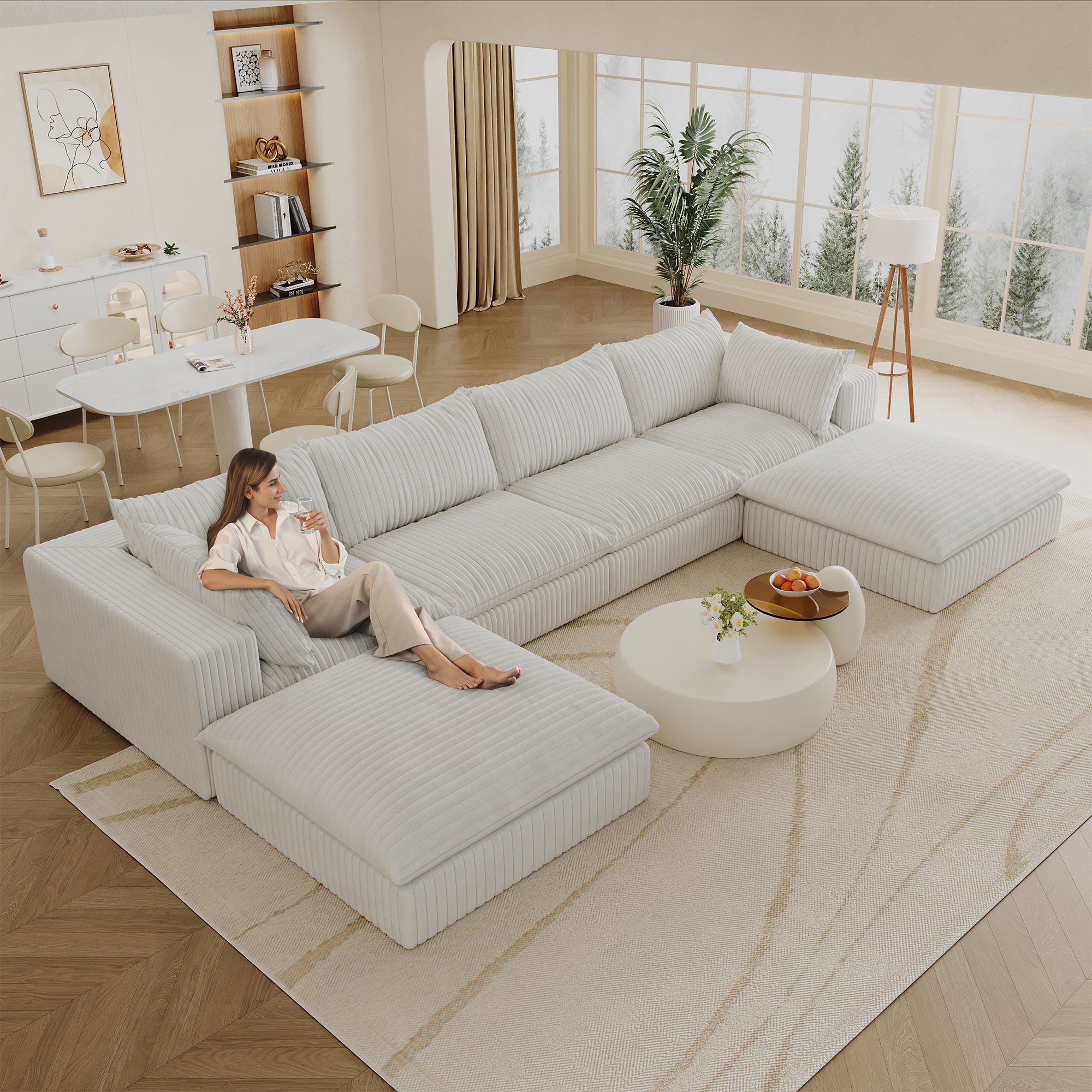 Cloud Sofa U Shaped in Corduroy Fabric - White
