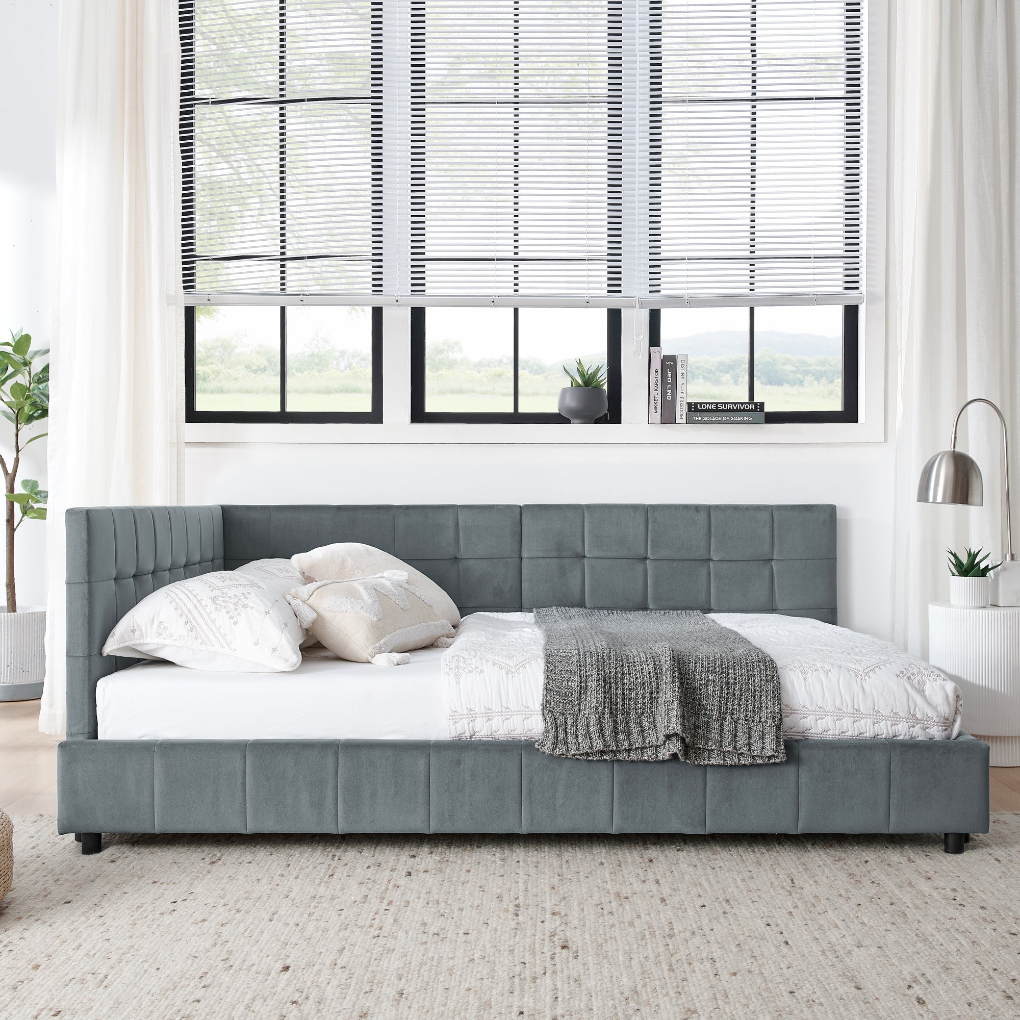 Queen Size Upholstered Tufted Bed Frame With Comfortable Backrest And Armrests - Velvet Gray