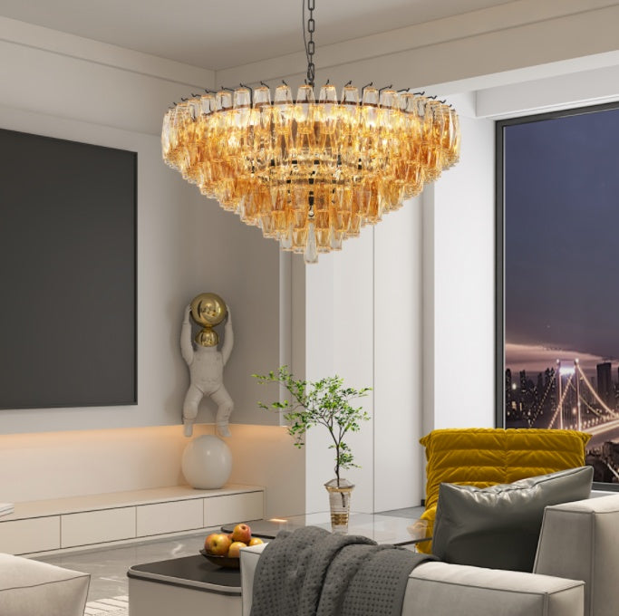Modern Round Chandelier, 37 Extra Large Black Chandeliers, 14-Light With Tiered Smoke Glass Tubes Ceiling Light, Pendant Lighting