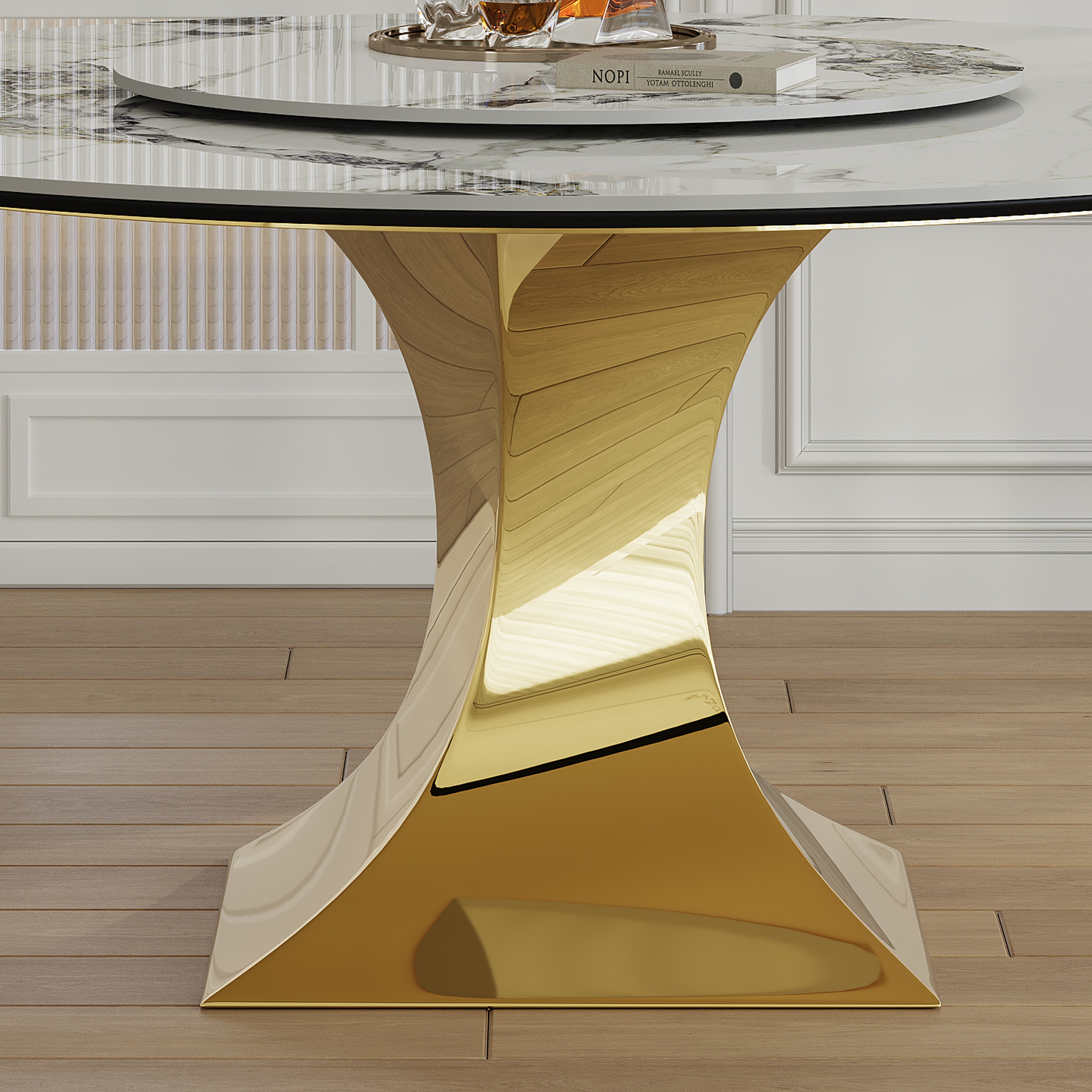 Round Sintered Stone Dining Table Set With Gold Stainless Steel Hourglass Base