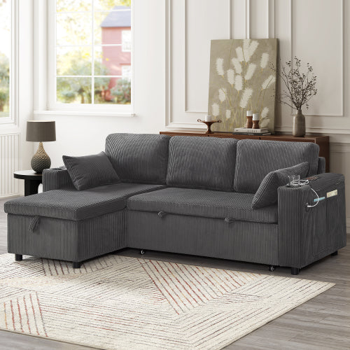 3 In 1 Convertible Corduroy Sofa Bed With Storage And Charging Station
