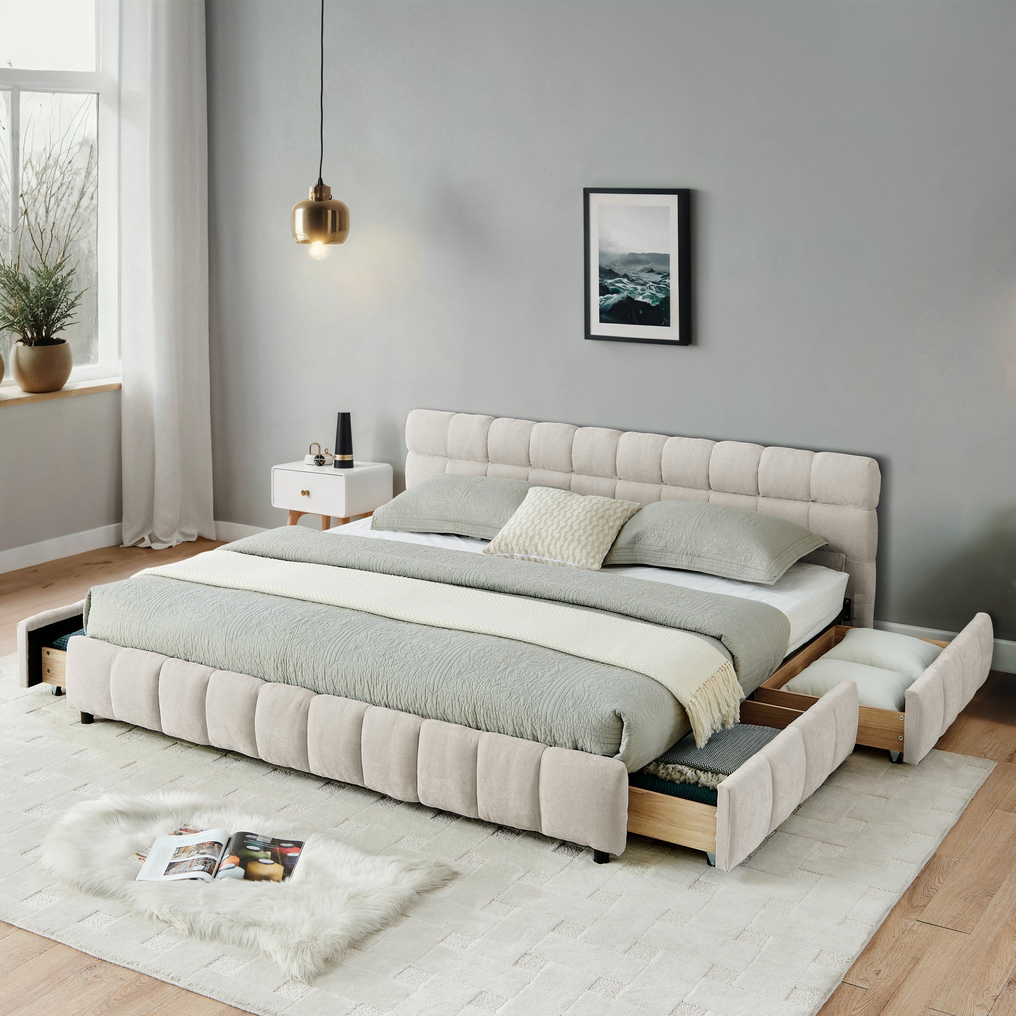 California King Size Upholstered Bed With Headboard And Drawer For Storage - Beige