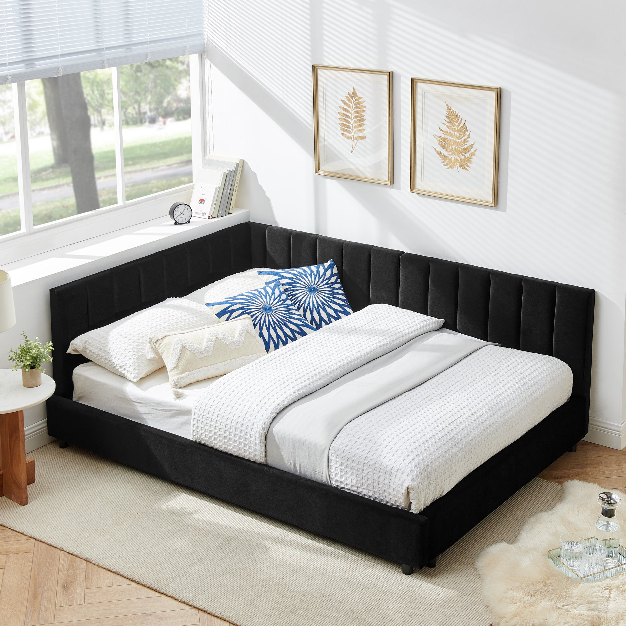 Queen Size Upholstered Tufted Bed Frame With Comfortable Backrest And Armrests - Velvet Black