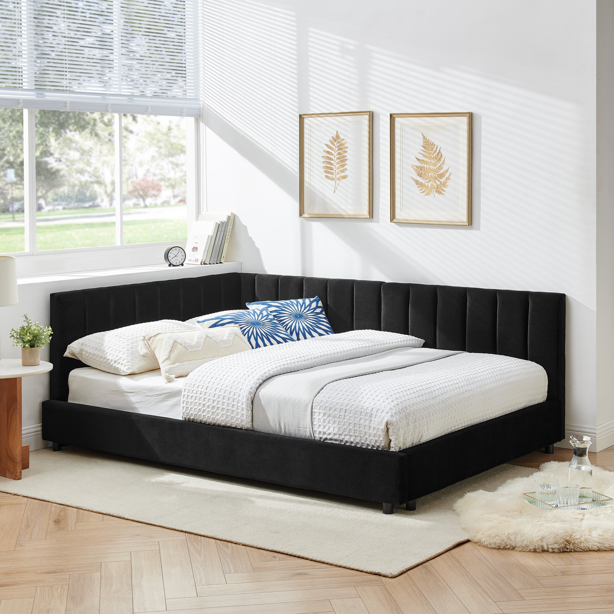 Queen Size Upholstered Tufted Bed Frame With Comfortable Backrest And Armrests - Velvet Black