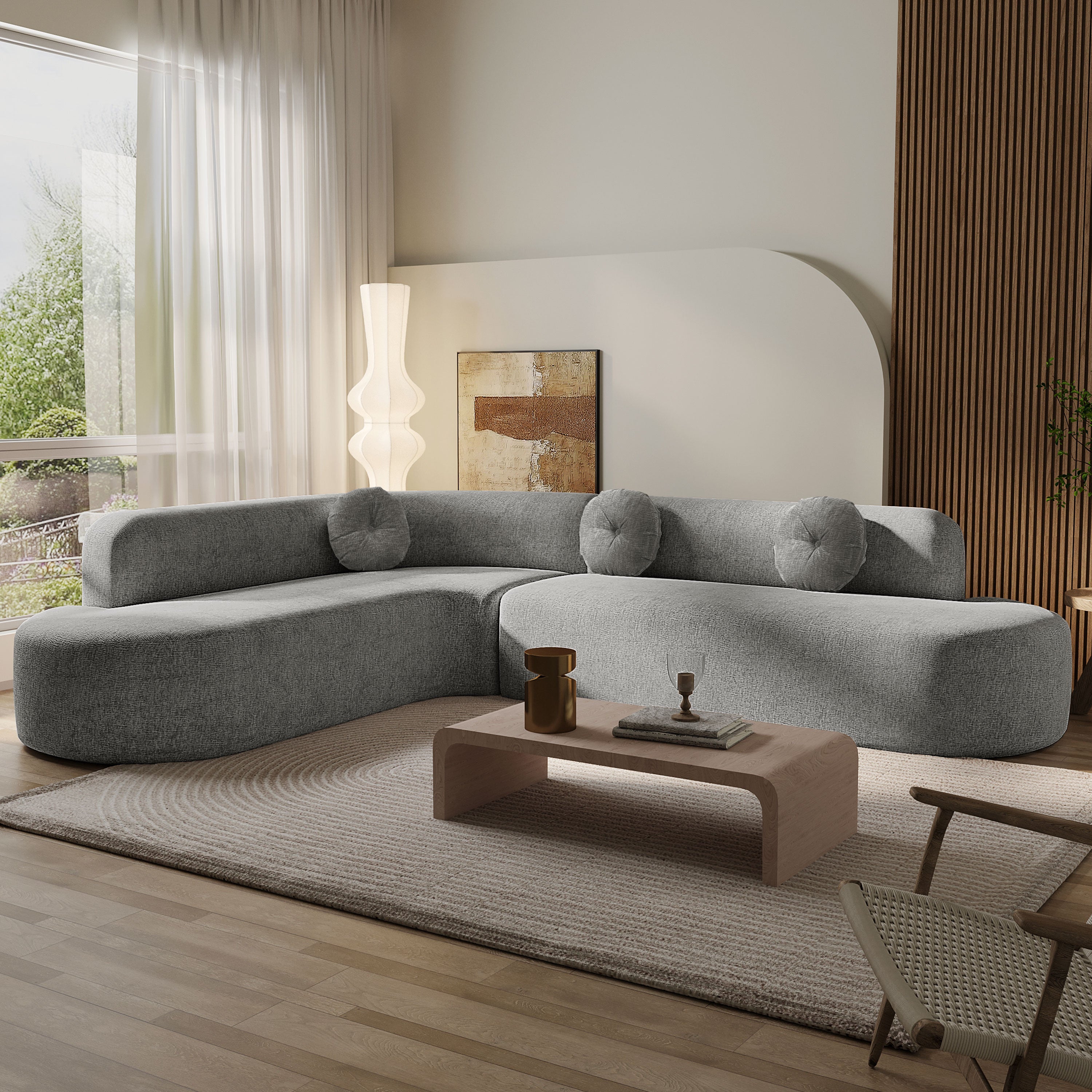 Curved Design Large Sectional Sofa With Three Round Cushions - Grey