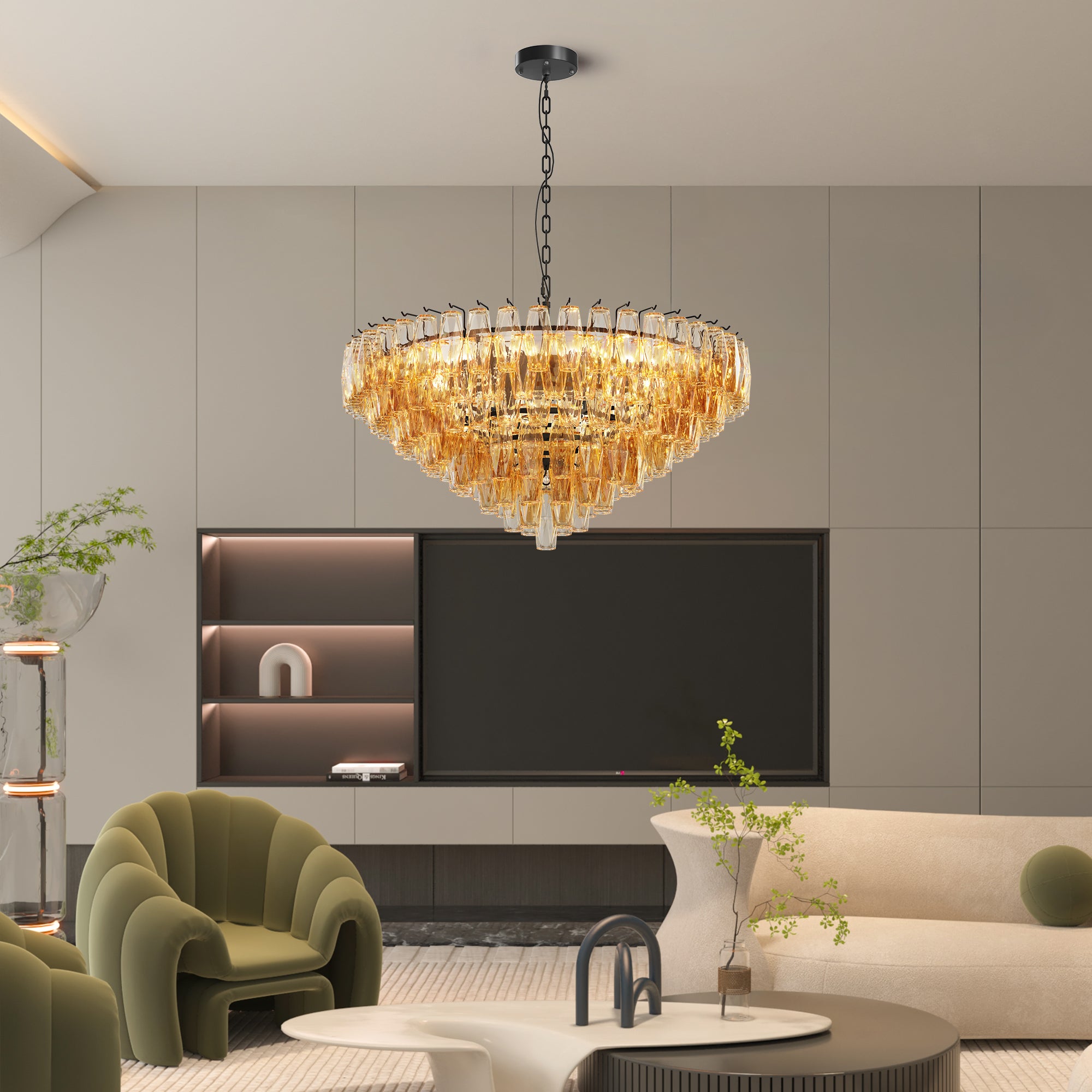Modern Round Chandelier, 37 Extra Large Black Chandeliers, 14-Light With Tiered Smoke Glass Tubes Ceiling Light, Pendant Lighting