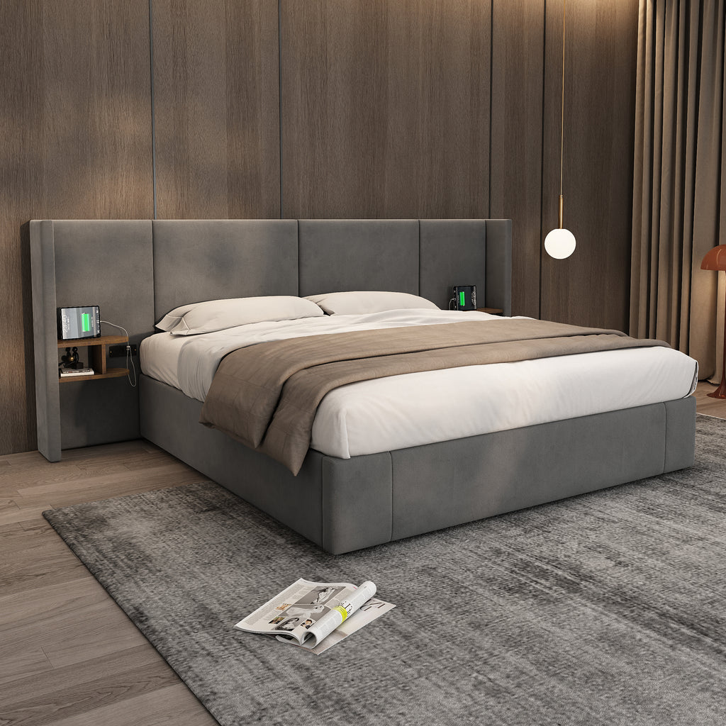 Upholstered King Size Bed With Two Bedside Tables - Grey