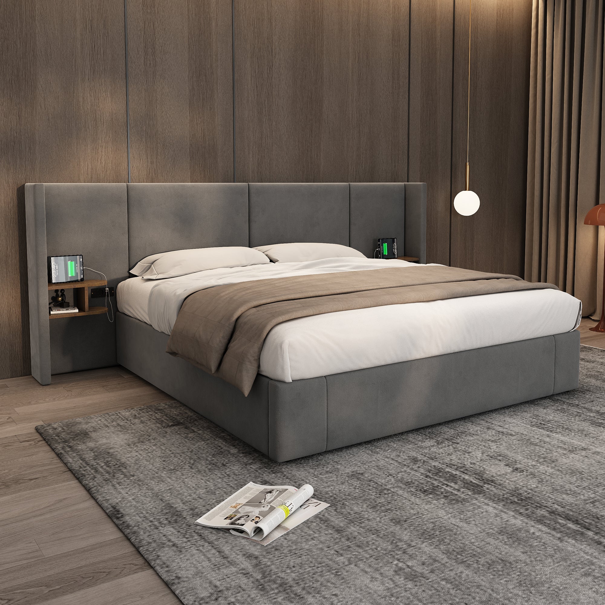Upholstered King Size Bed With Two Bedside Tables - Grey