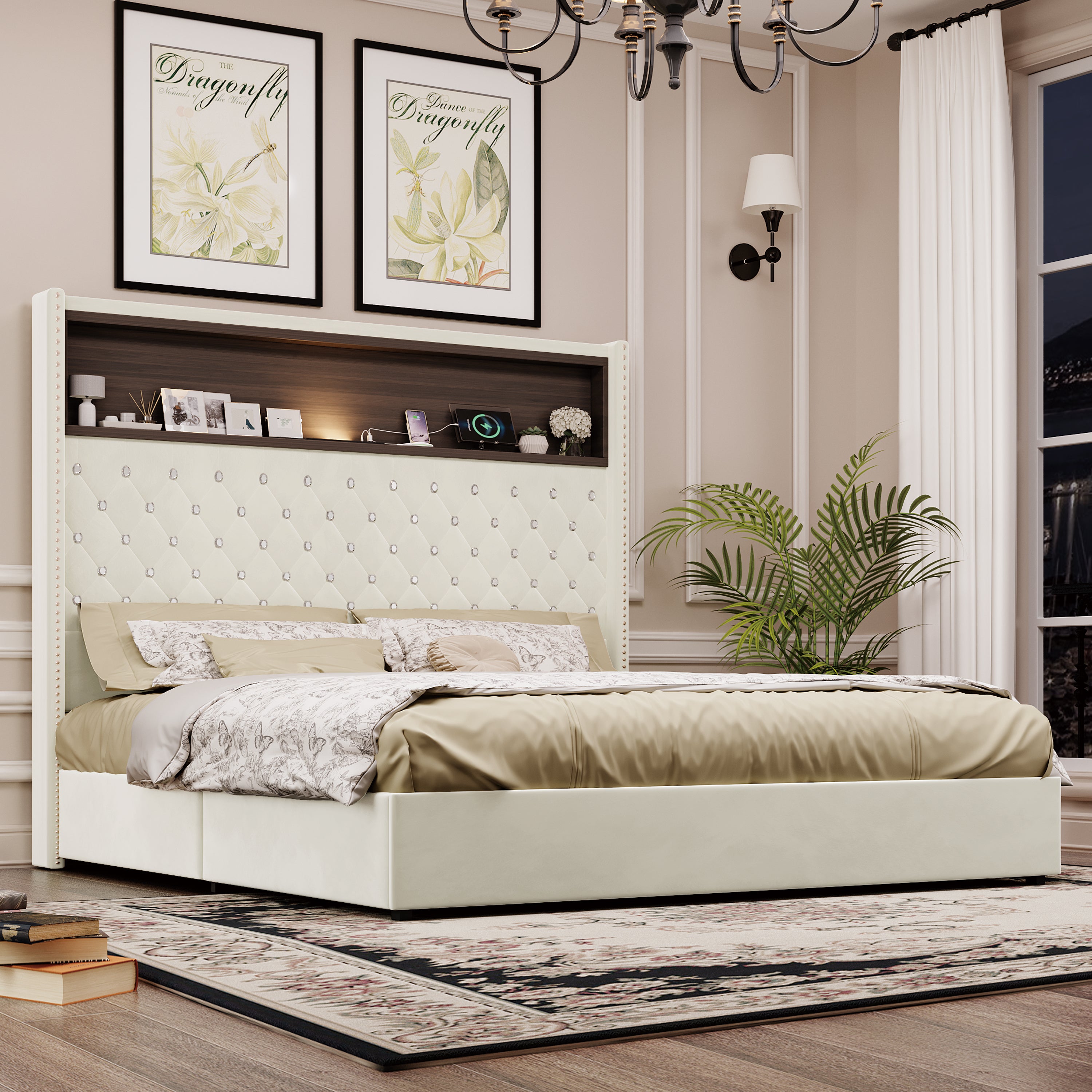 Queen Size Velvet Tufted Soft Bed Frame With USB Port And Night Light - Beige