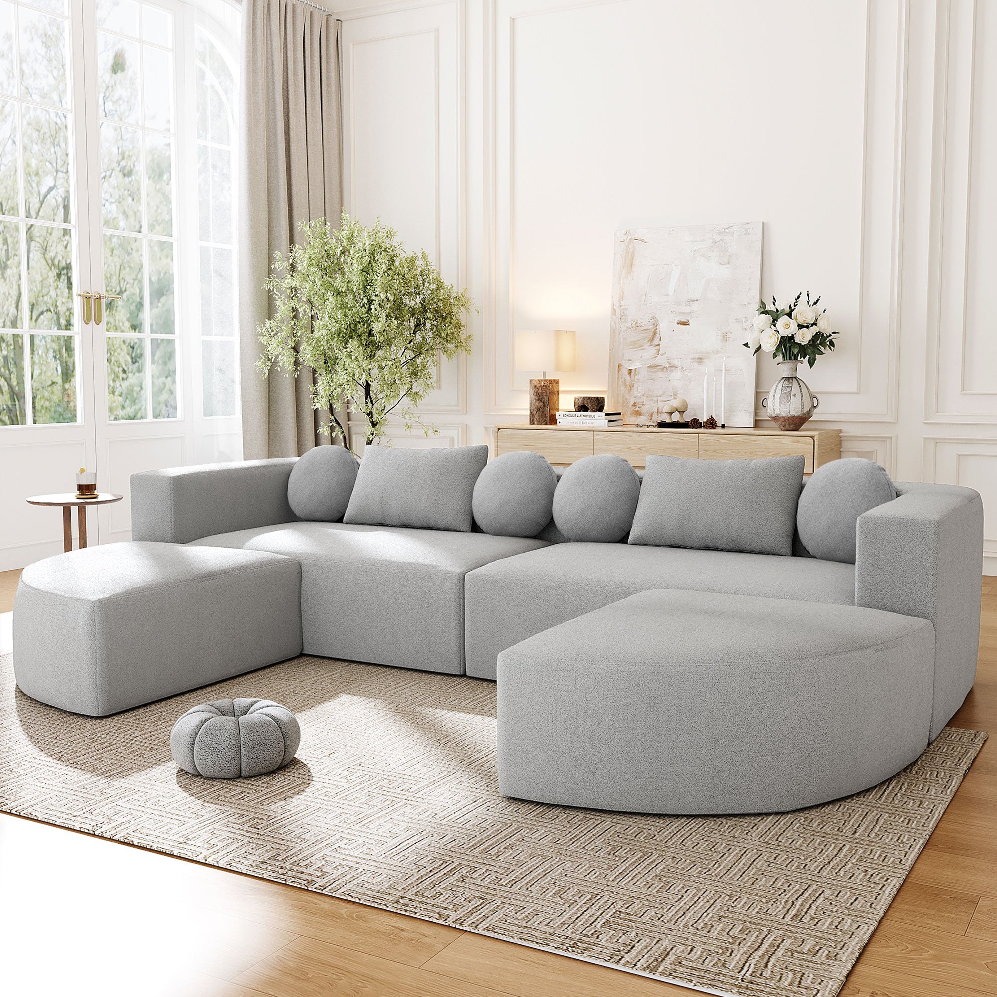 Boneless Modular Sectional Sofa 1With Deep Seating And Curved Design - Grey