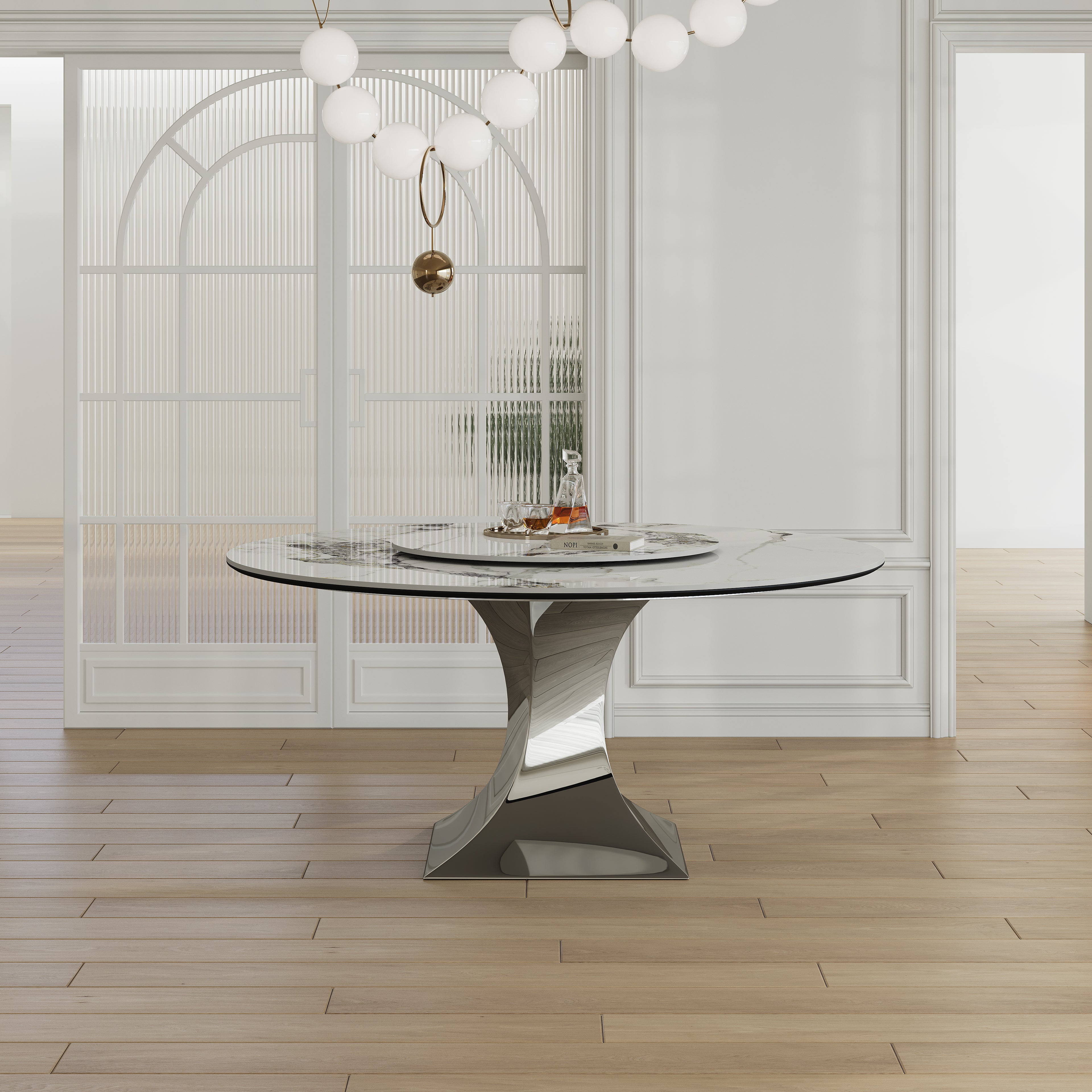 Round Sintered Marble Stone Dining Table Set With Stainless Steel Black Titanium Hourglass Base
