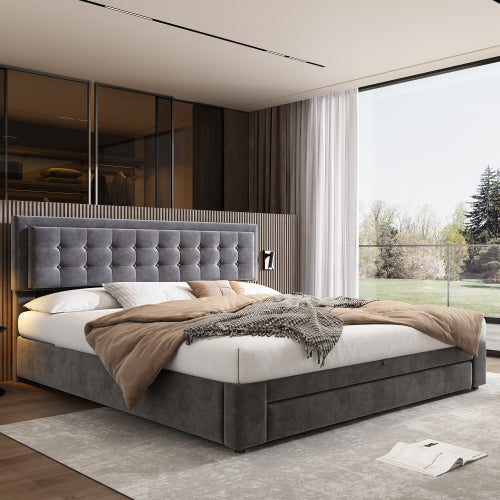 Upholstered King Size Bed With Large Storage Space - Grey