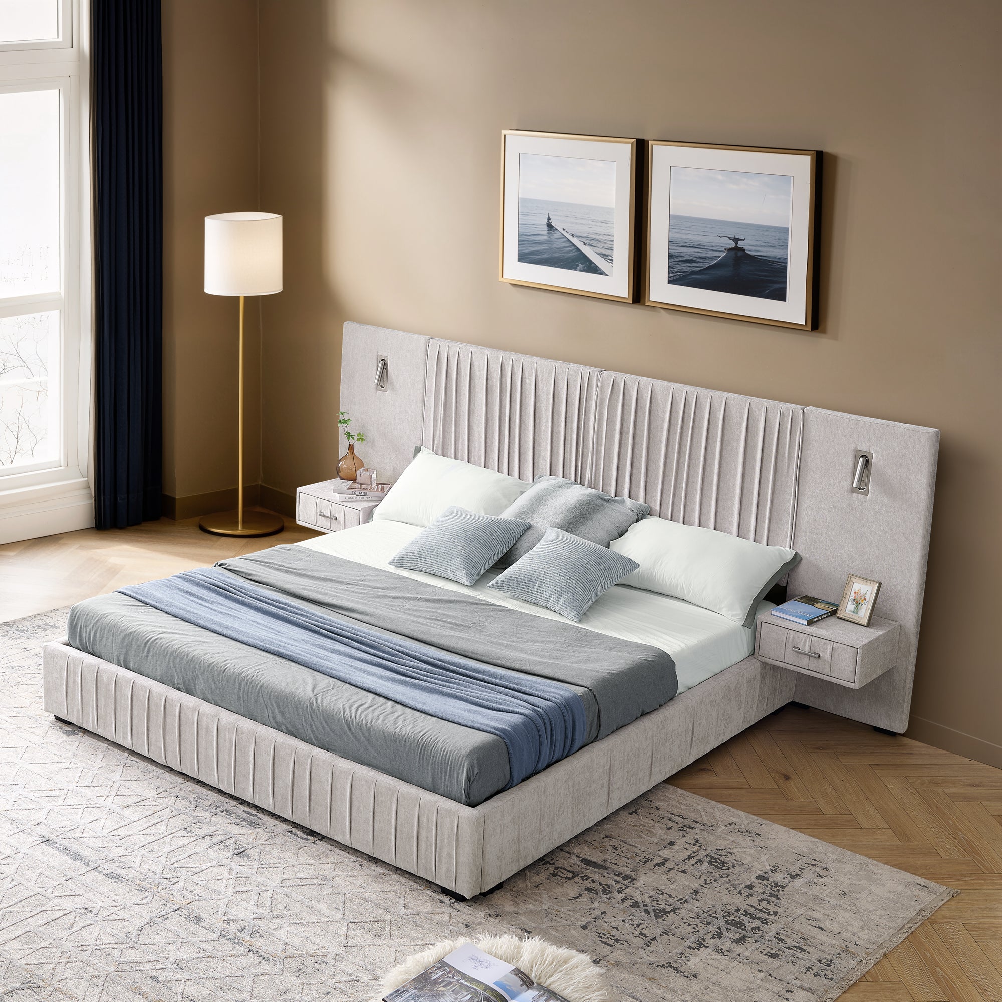 Queen Size Upholstered Bed Frame With Chenille Fabric and Pleated Design - Beige