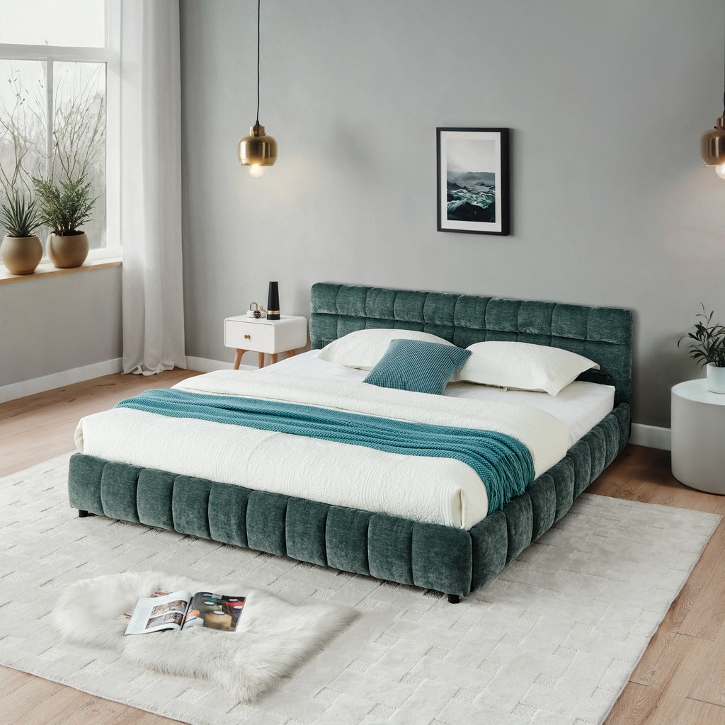 California King Size Upholstered Bed With Headboard And Drawer For Storage - Olive