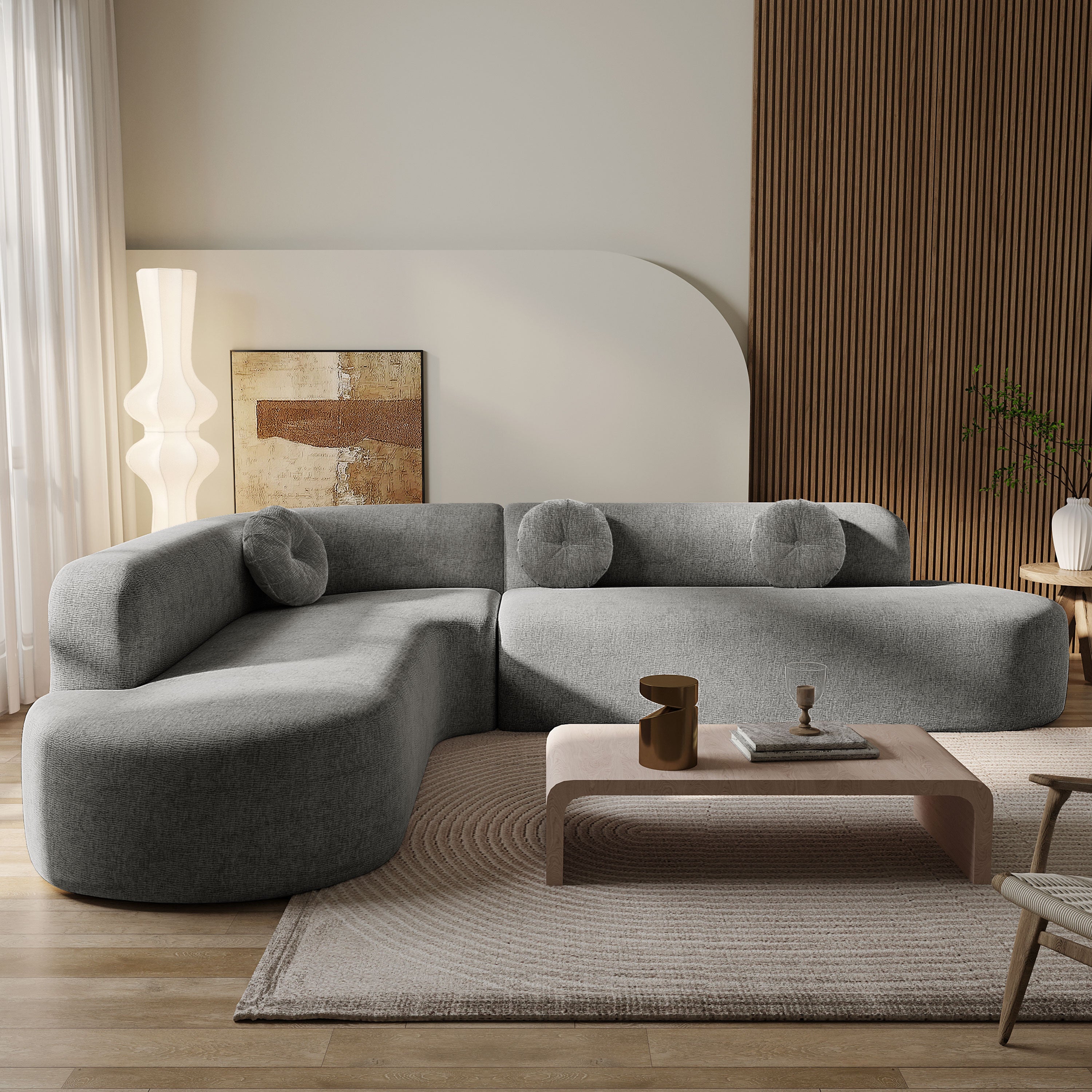 Curved Design Large Sectional Sofa With Three Round Cushions - Grey