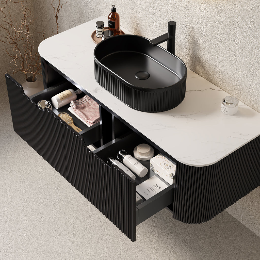 Floating Bathroom Vanity With Sink and Curved Edges Striped Storage Cabinet With 2 Drawers - Black Ceramic
