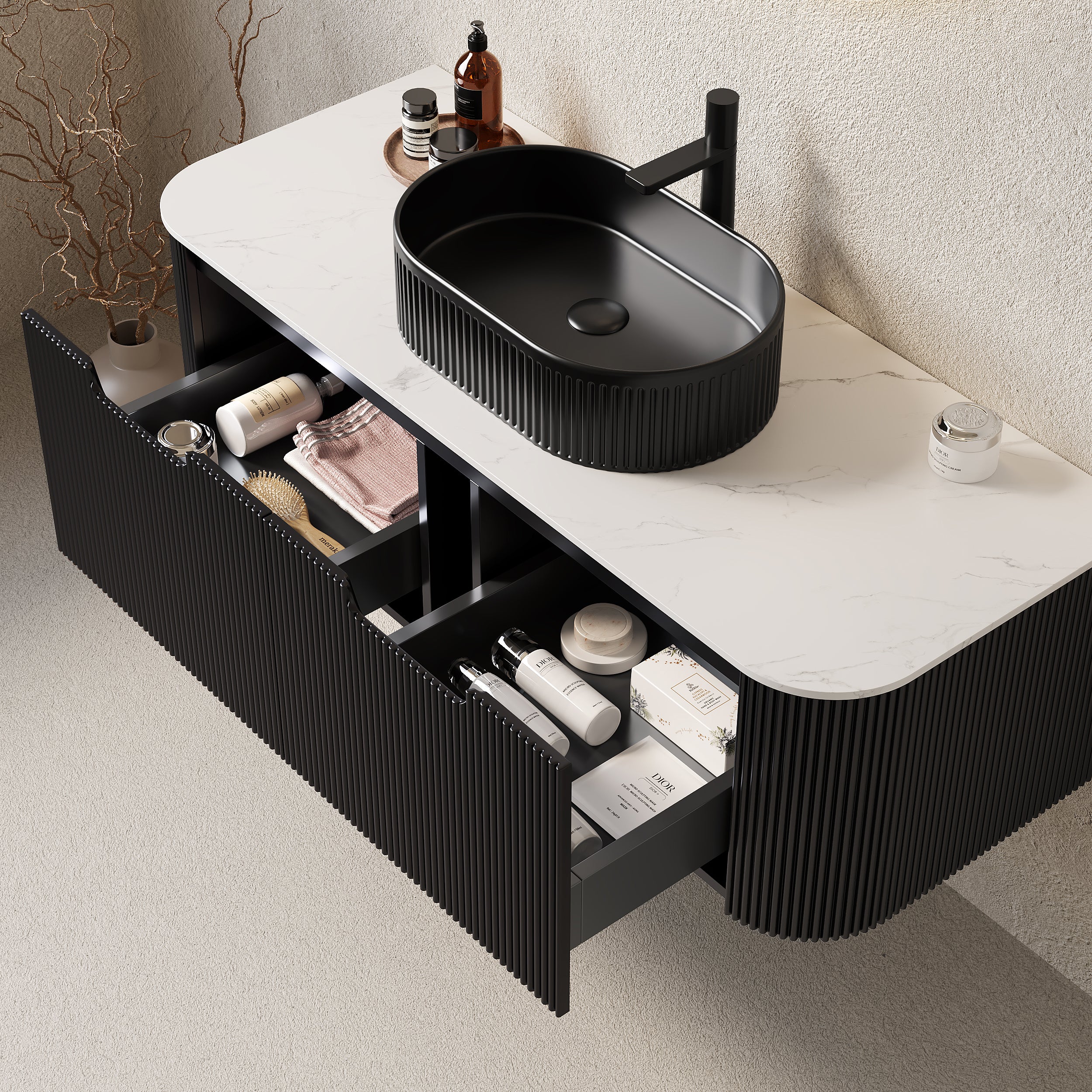 Floating Bathroom Vanity With Sink and Curved Edges Striped Storage Cabinet With 2 Drawers - Black Ceramic