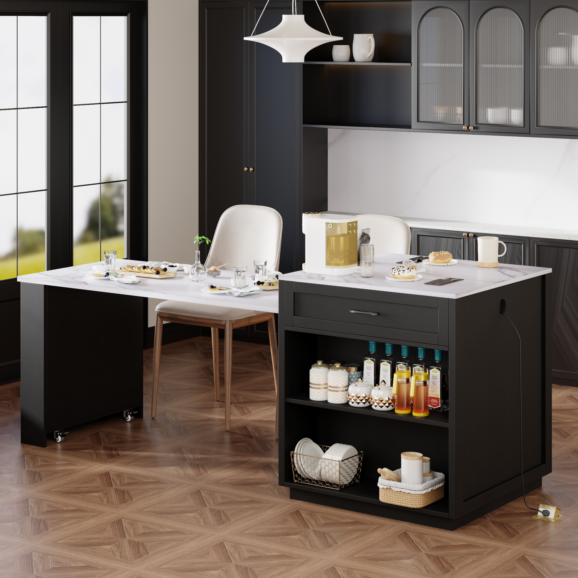 Kitchen Island in Mable With Extendable Dining Table and Storage - Black