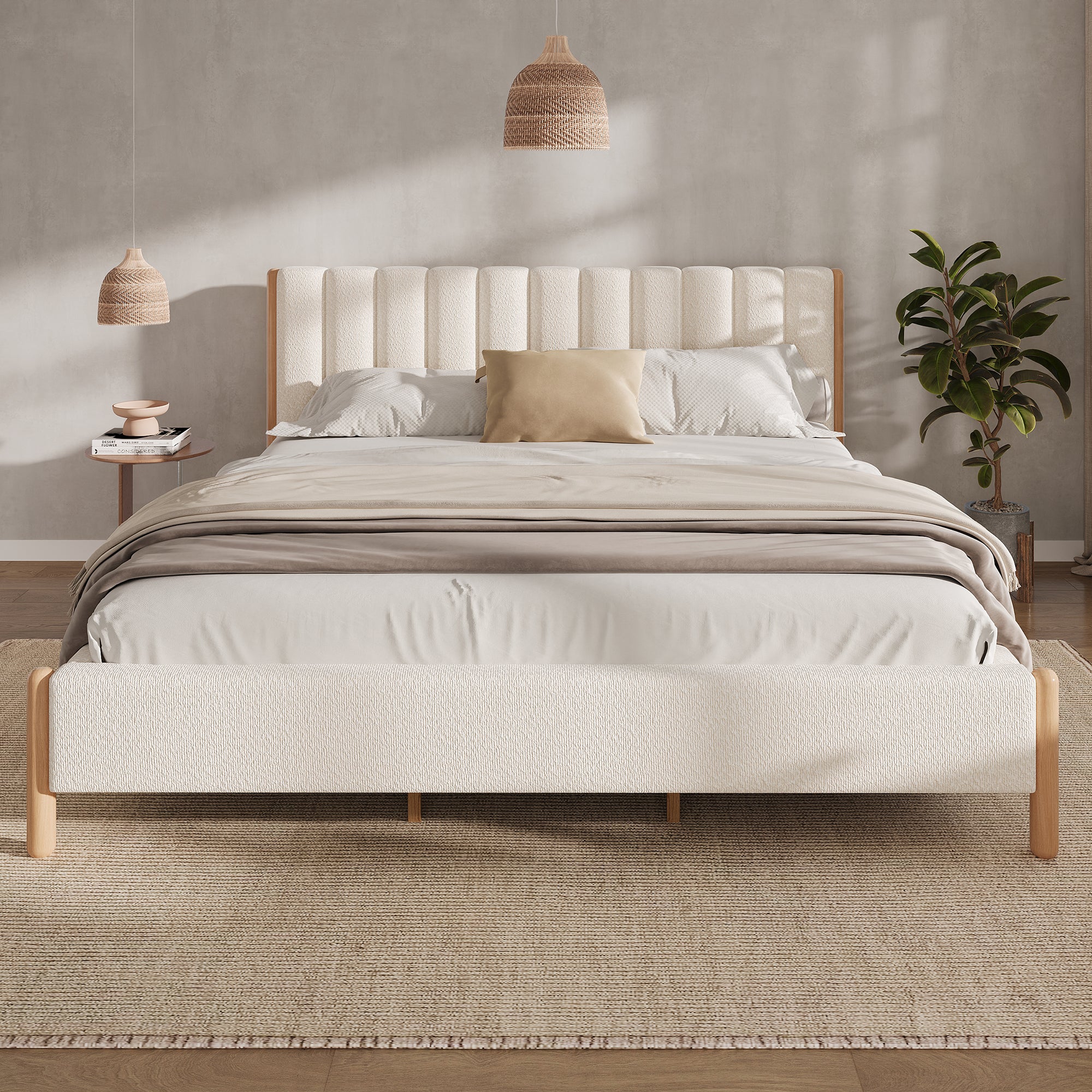 King Size Bed Frame With Boucle Upholstered Thick Headboard, Solid Wooden Legs - White