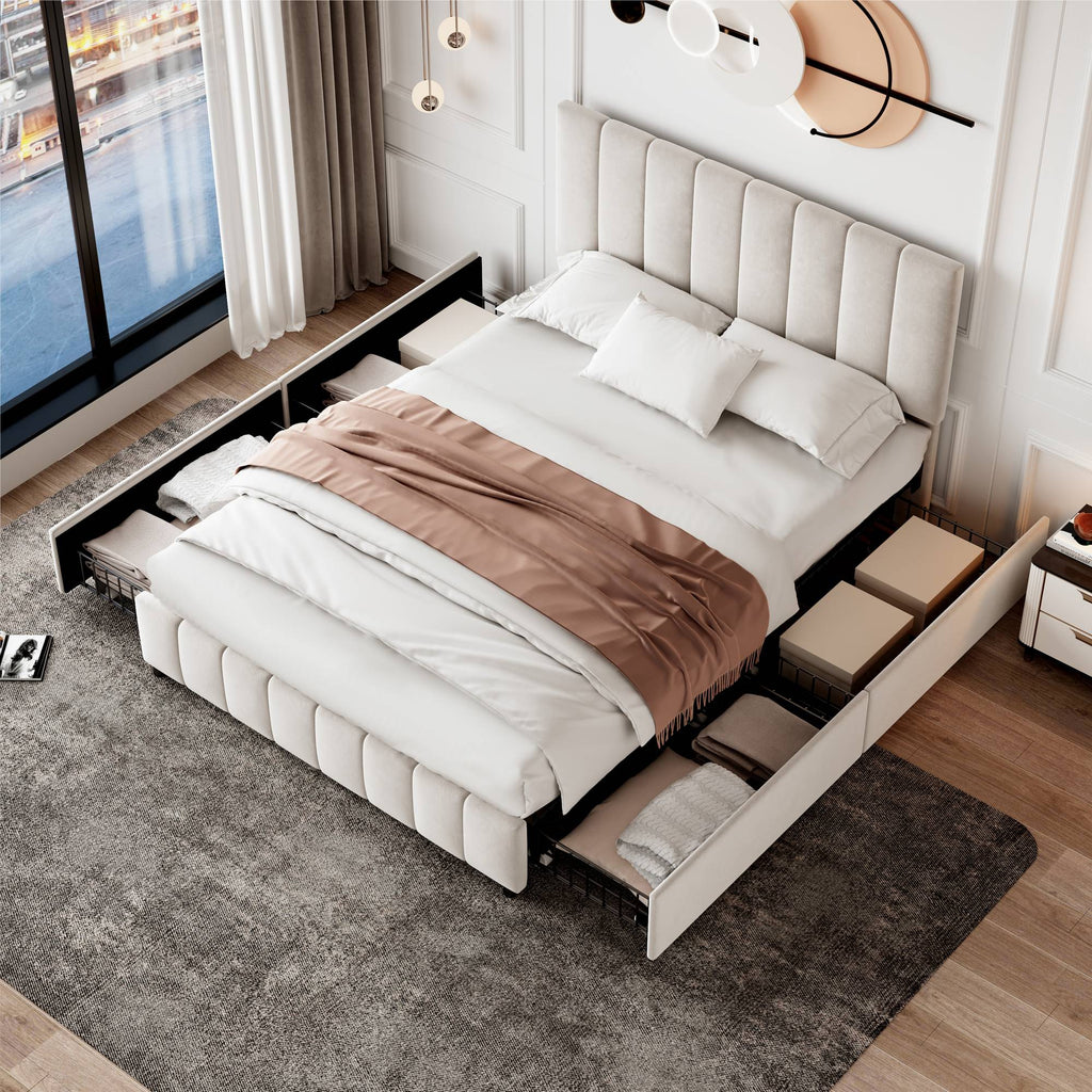 Double Bed Upholstered With 4 Storage Drawers - Beige
