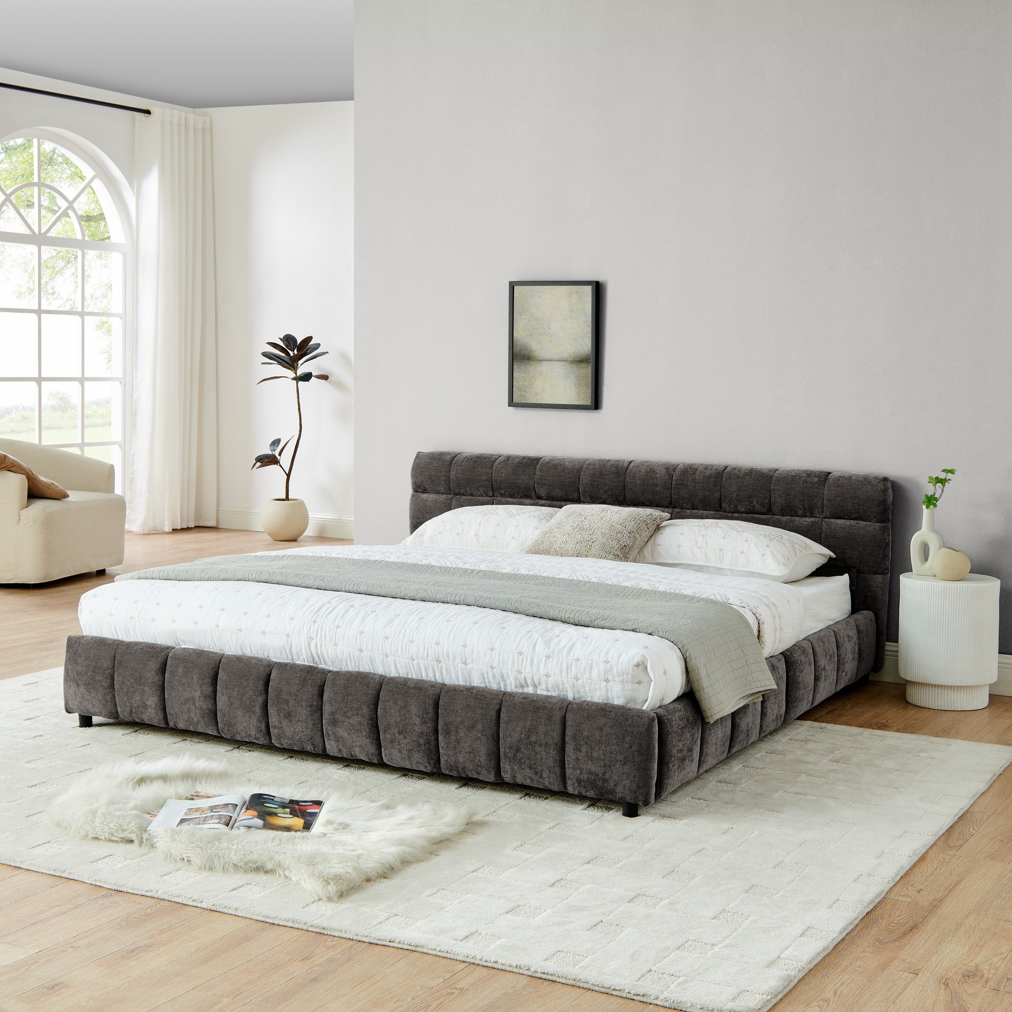 California King Size Upholstered Bed With Headboard And Drawer For Storage - Dark Gray
