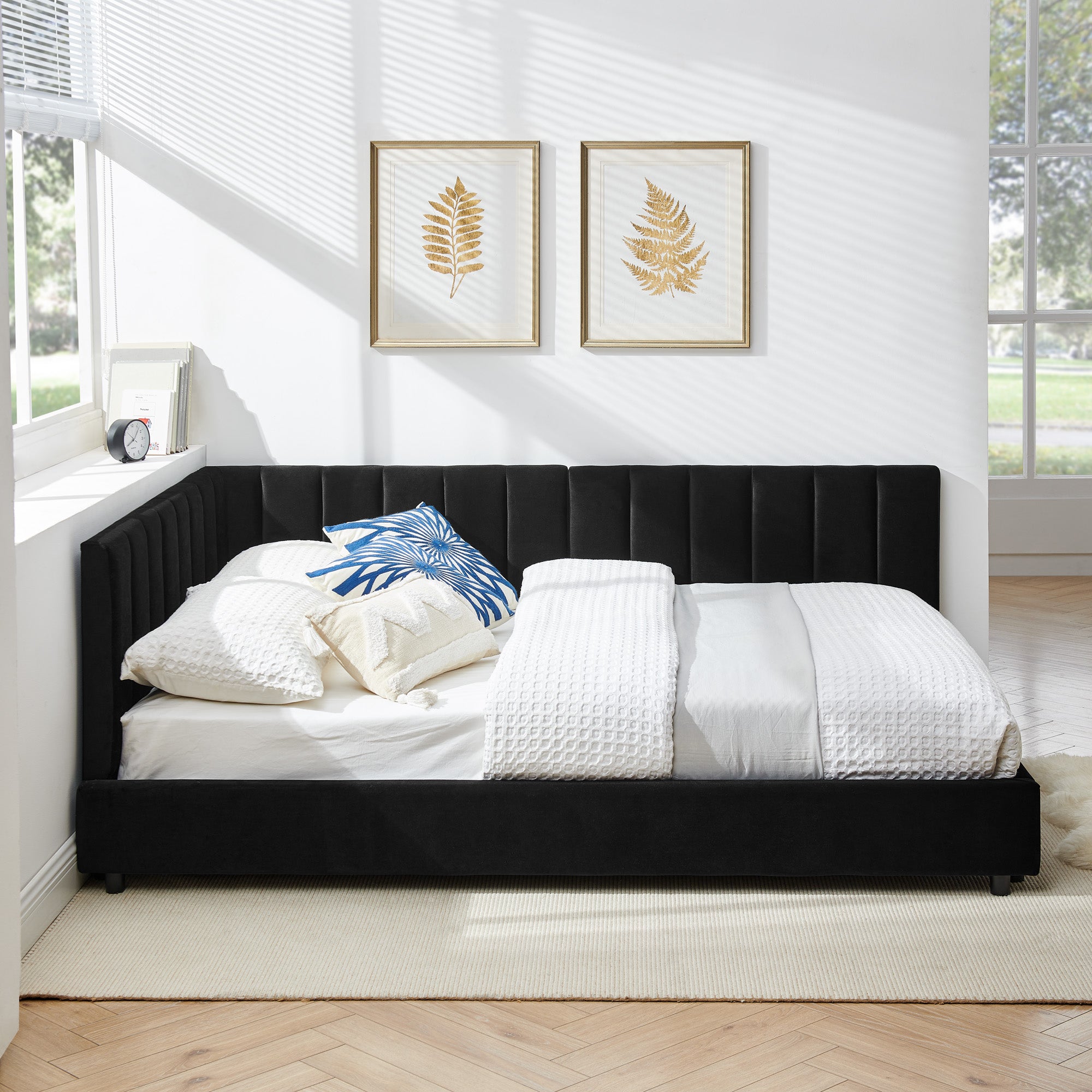 Queen Size Upholstered Tufted Bed Frame With Comfortable Backrest And Armrests - Velvet Black
