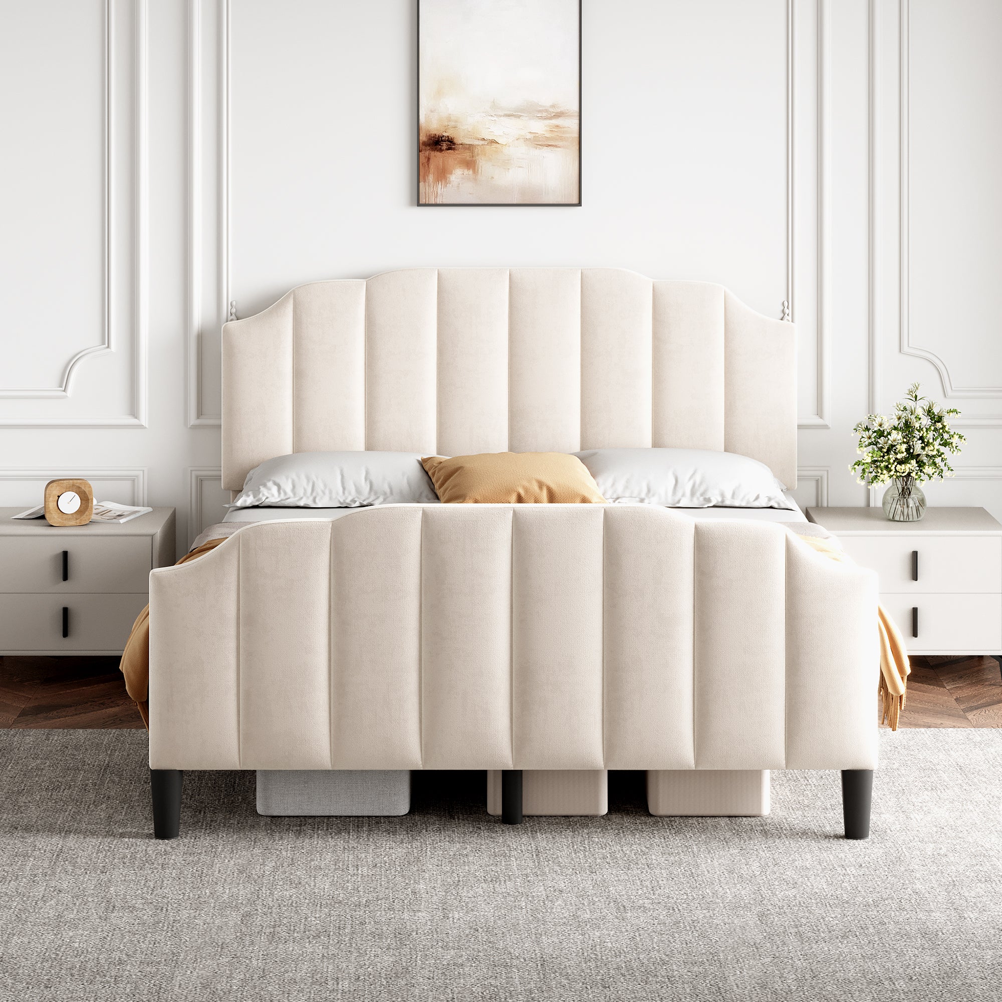 Velvet Upholstered Double Bed Frame - Beige