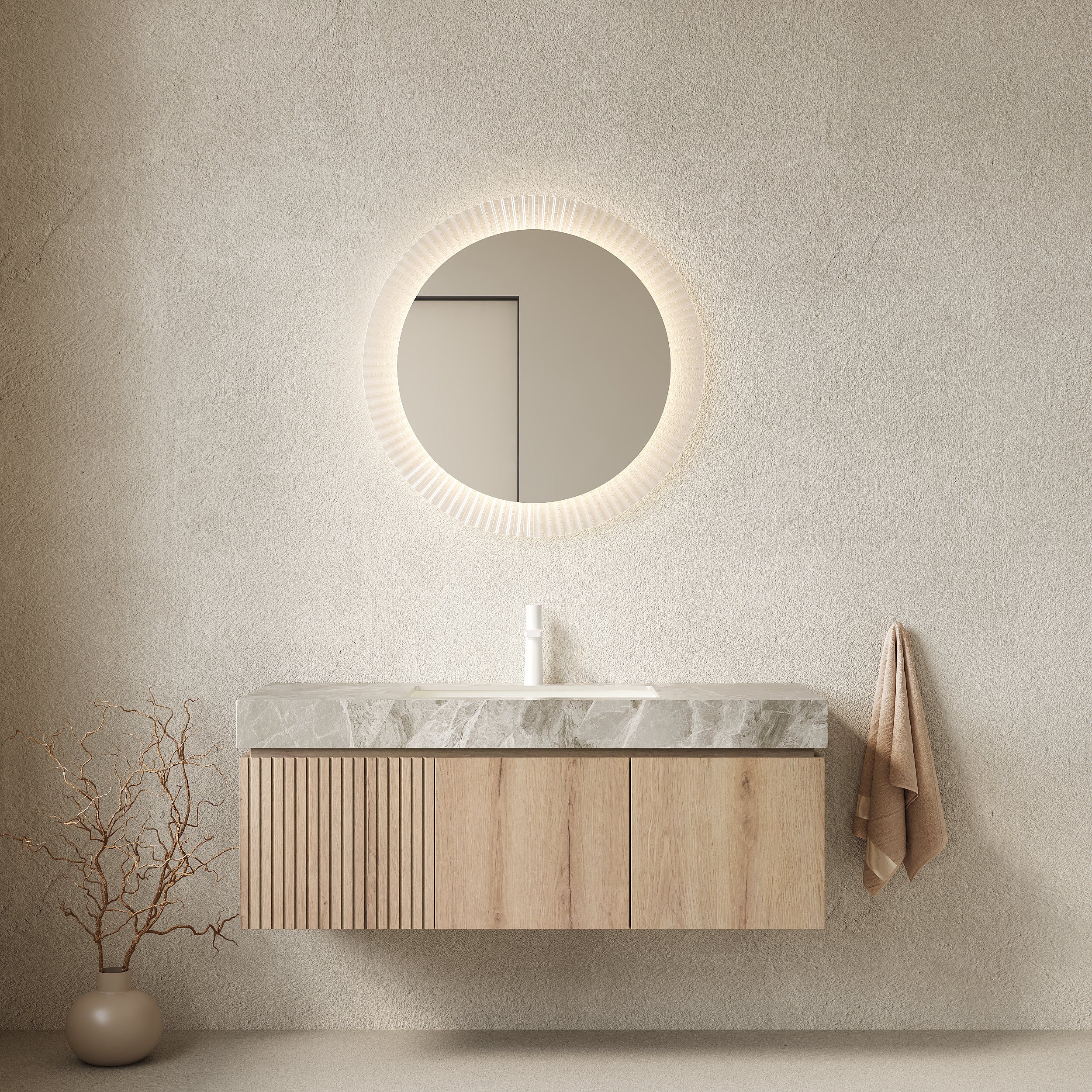 Floating Bathroom Vanity Sink and Plywood Storage Cabinet With Drawer & Doors - White Oak Woodgrain