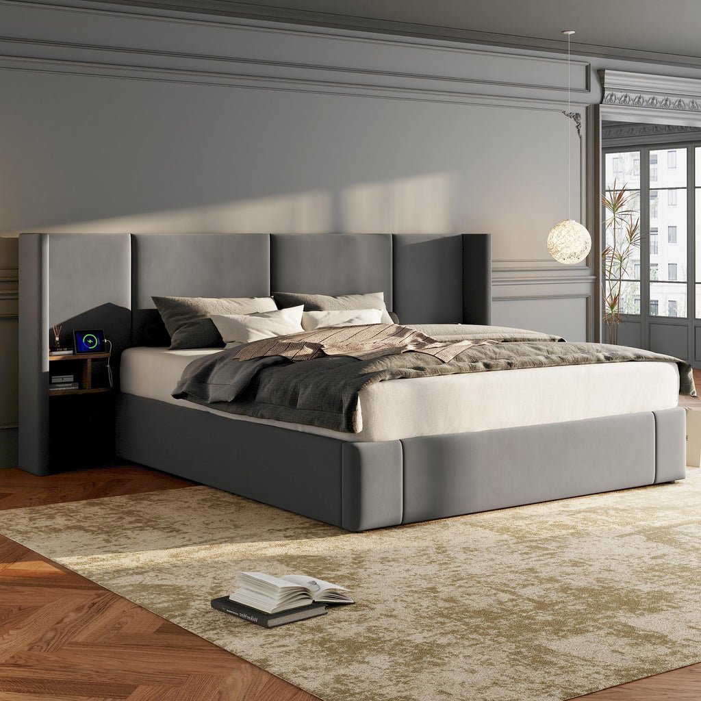 Upholstered King Size Bed With Two Bedside Tables - Grey