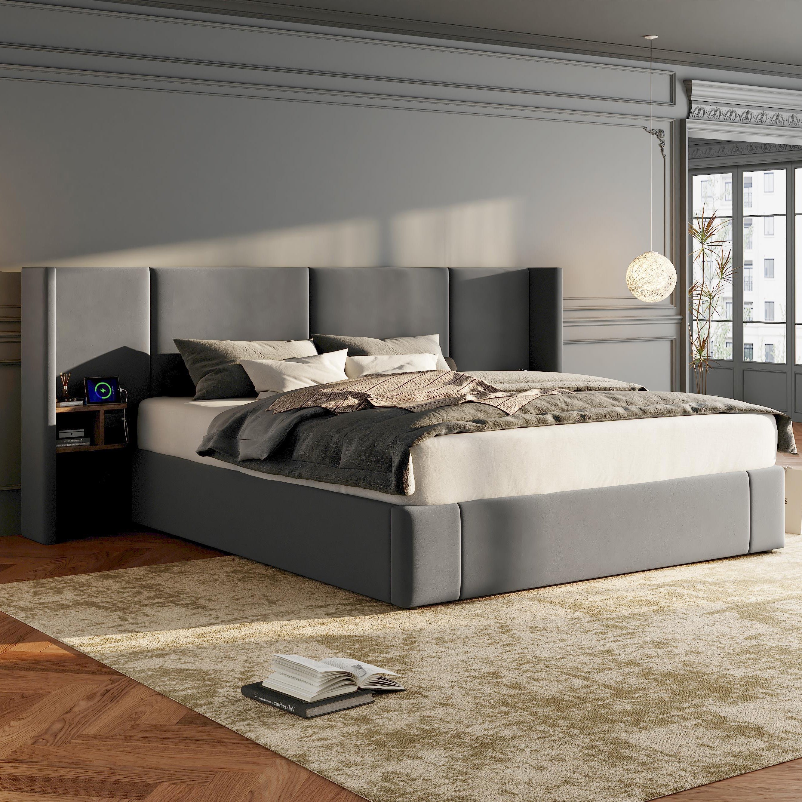 Upholstered King Size Bed With Two Bedside Tables - Grey