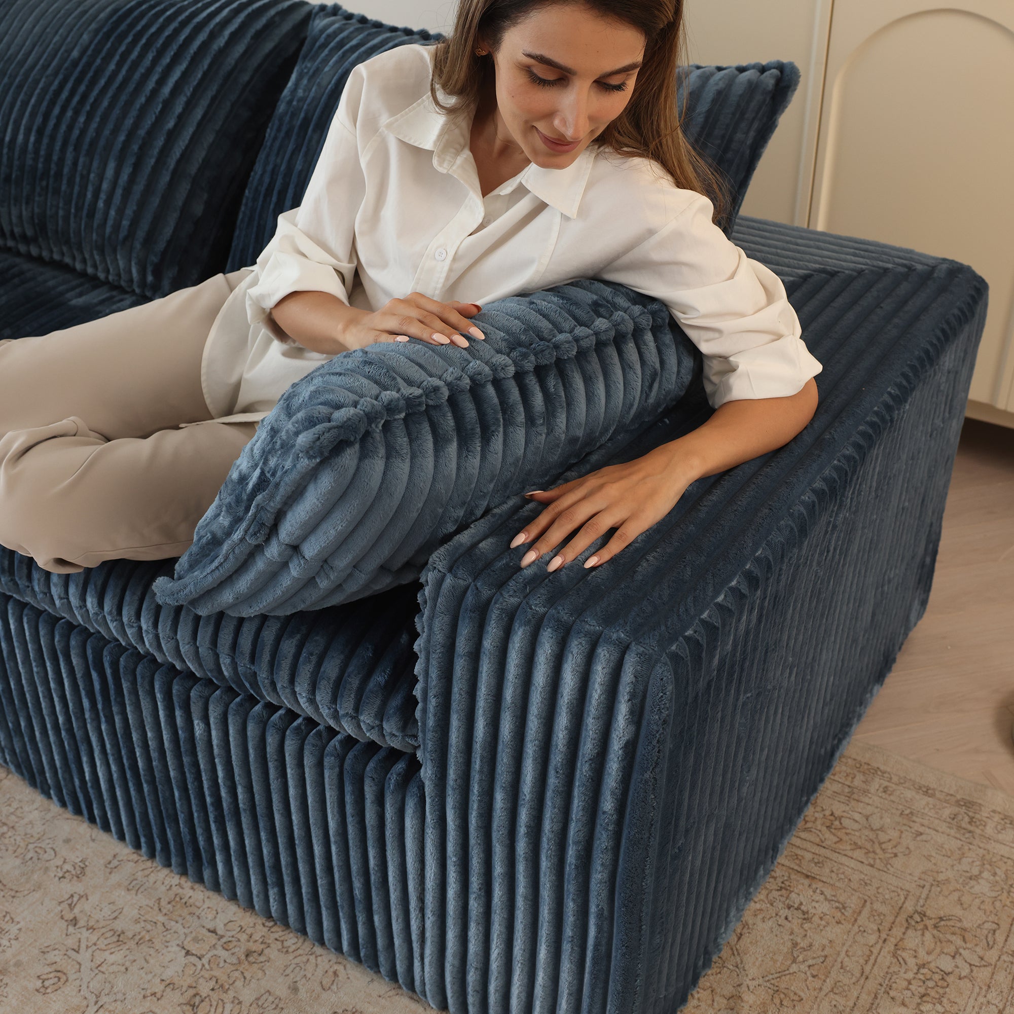 Cloud Sofa U Shaped in Corduroy Fabric - Blue