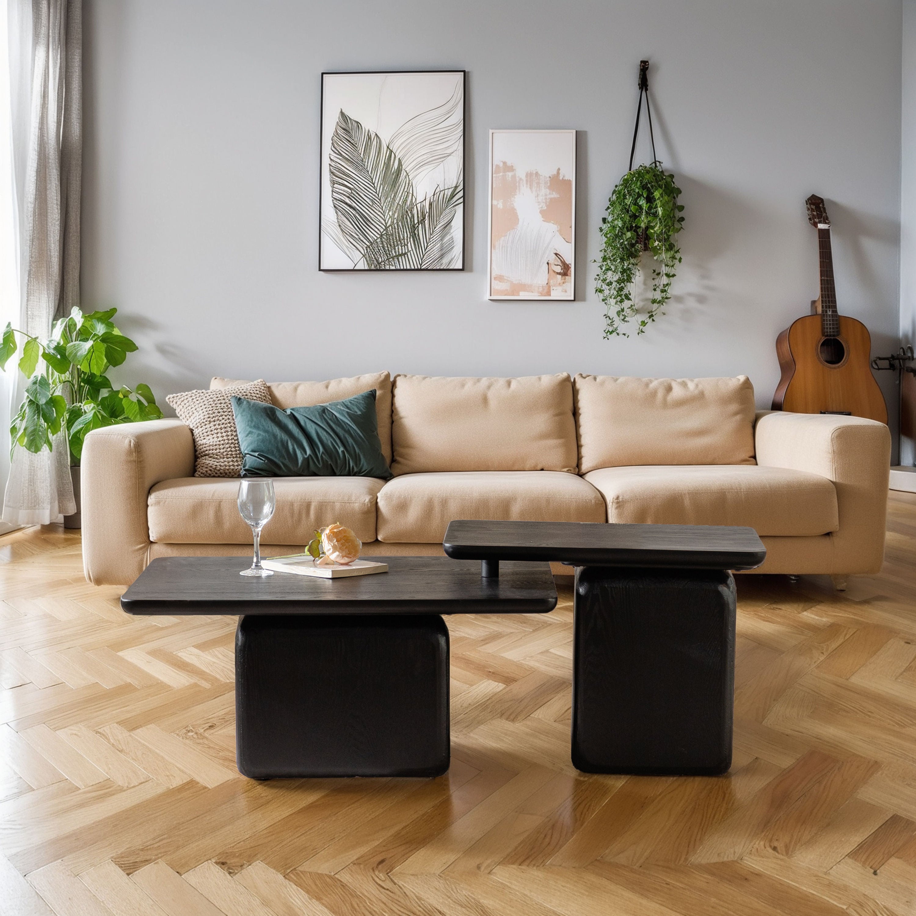 Vintage Fashion Style Square Coffee Table Set With Wood Grain Finish - Black