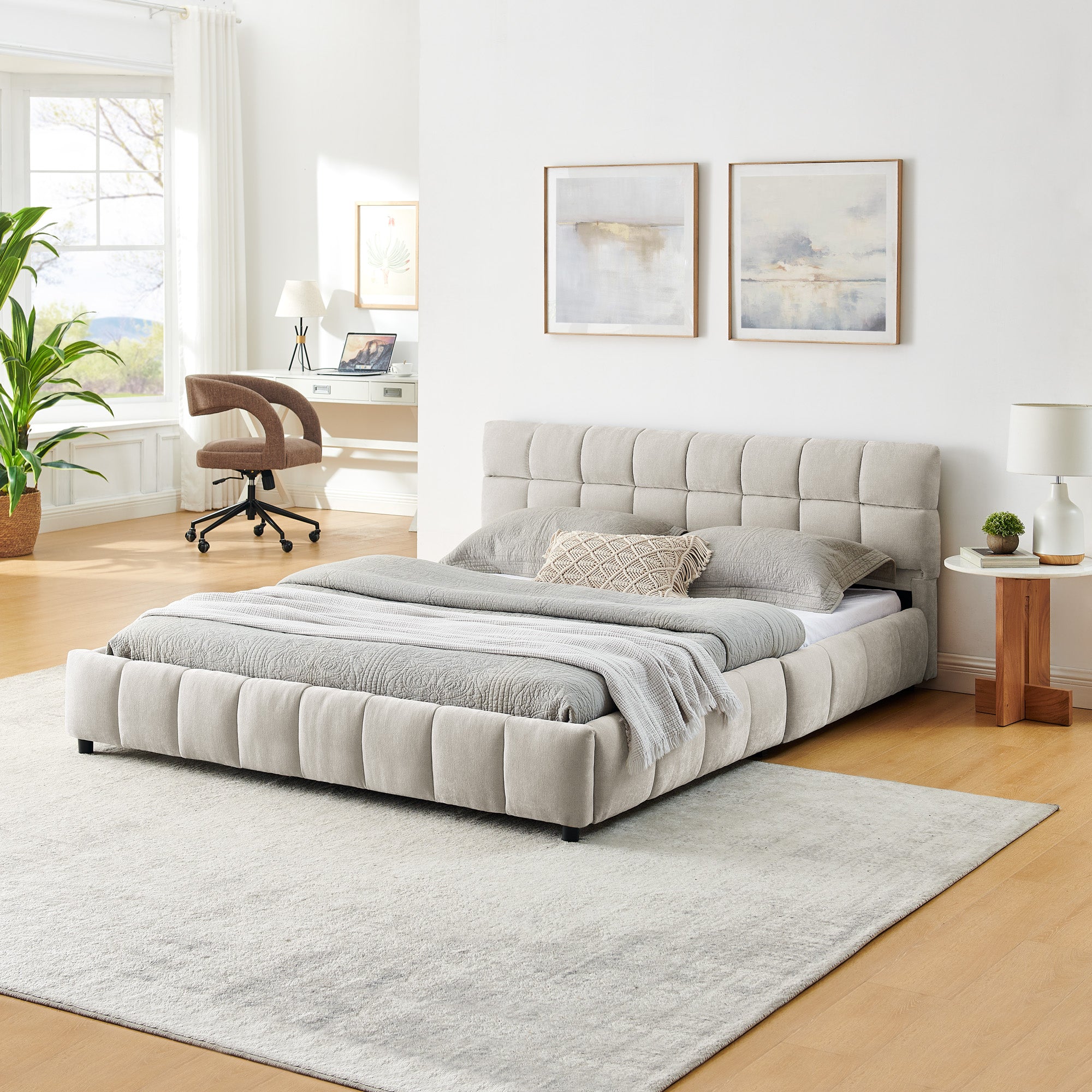 Queen Size Upholstered Bed With Headboard And Drawer For Storage - Beige