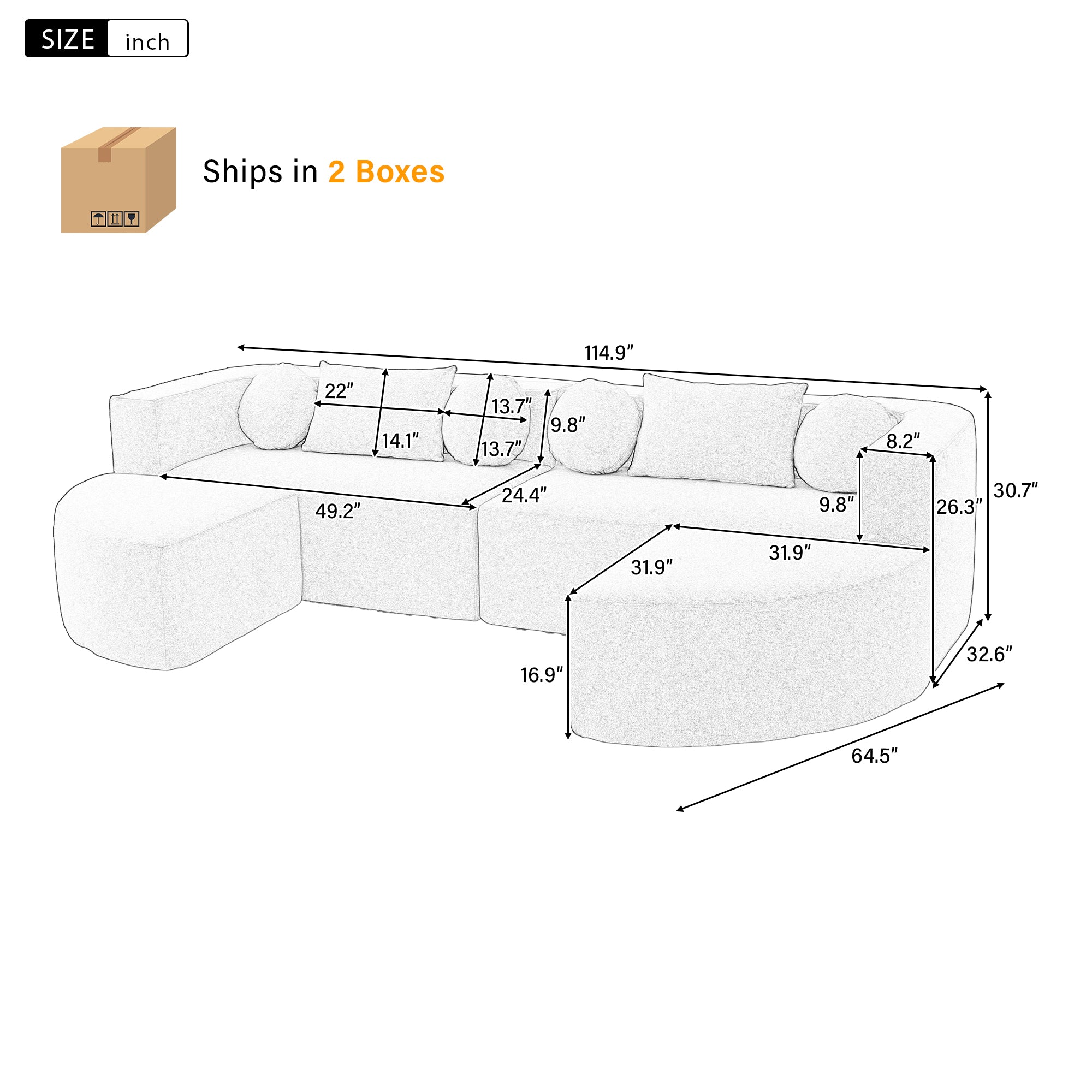 Boneless Modular Sectional Sofa 1With Deep Seating And Curved Design - Black
